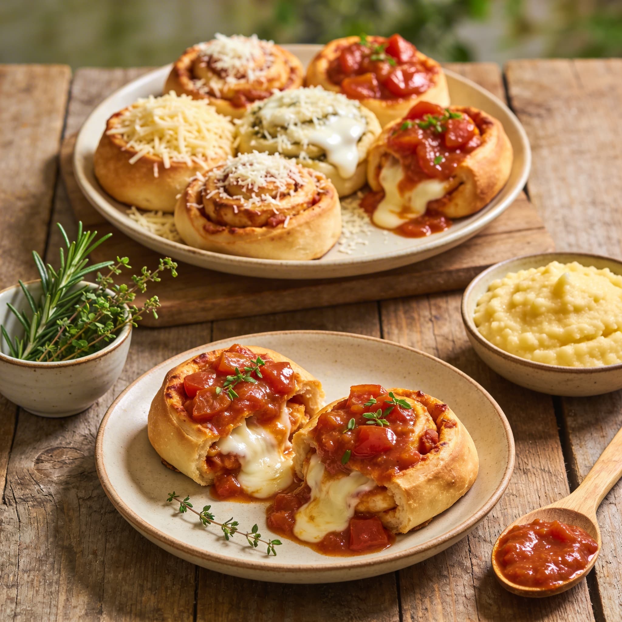 Herzhafte Pizzaschnecken mit Tomatendip