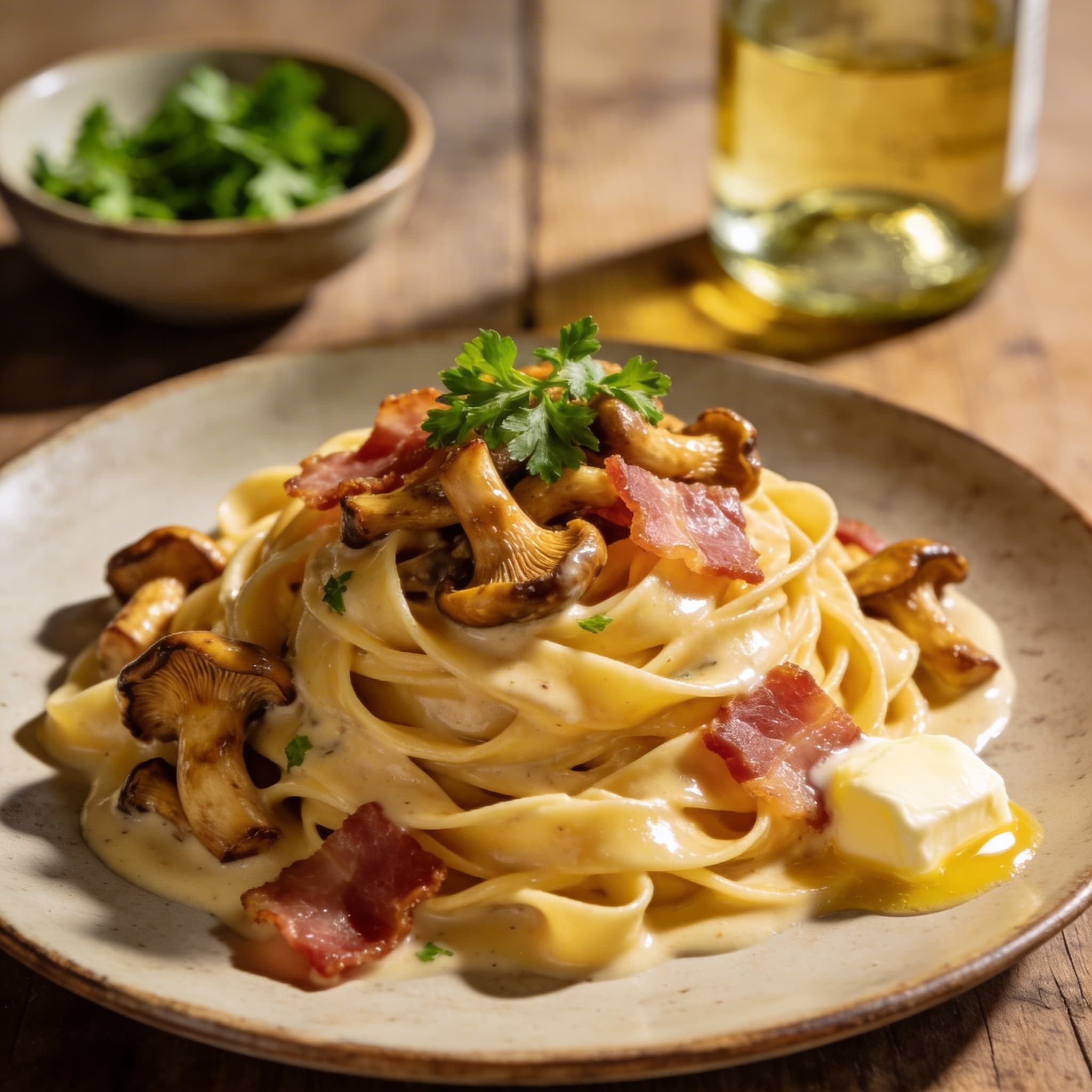 Cremige Pfifferling-Tagliatelle mit Speck
