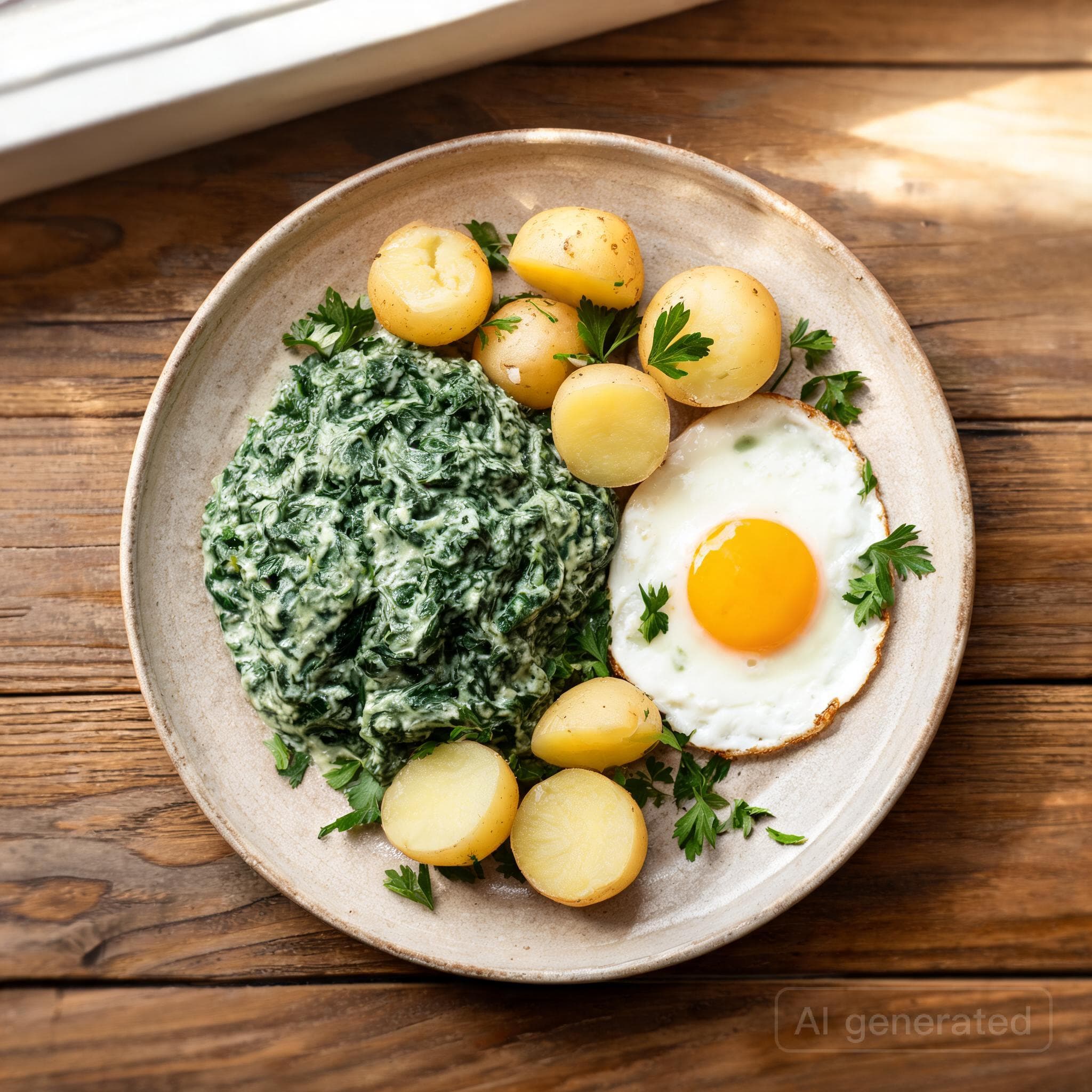Rahmspinat mit Kartoffeln und Ei