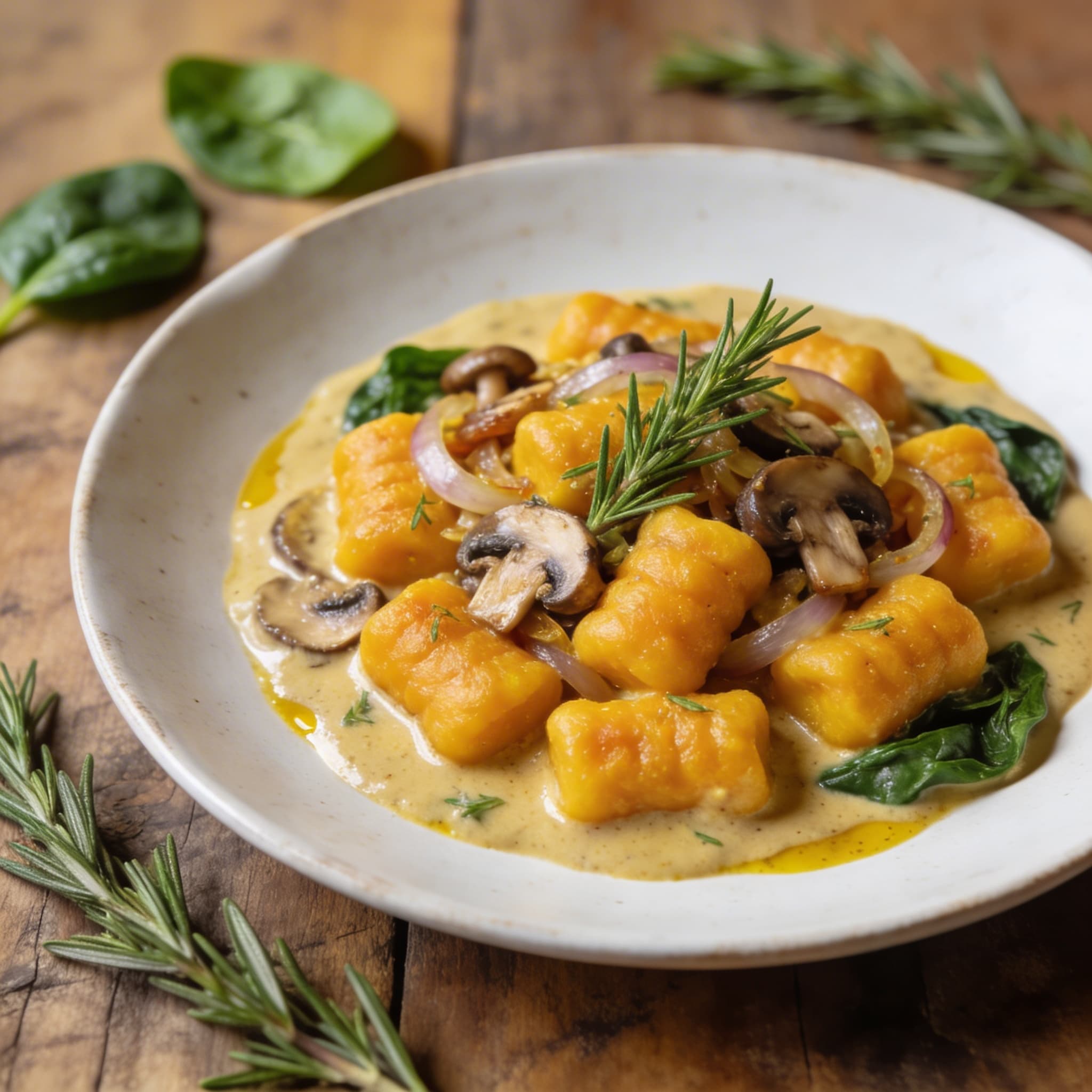 Kürbis-Gnocchi mit Kurkuma-Pilz-Sauce