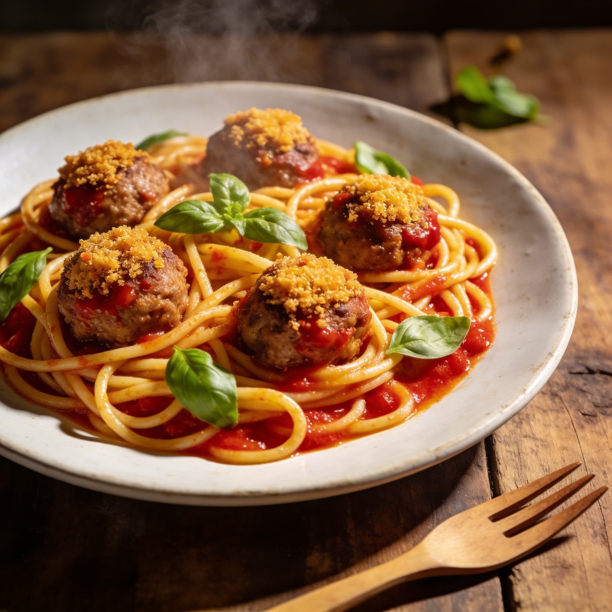 Spaghetti mit würzigen Hackbällchen