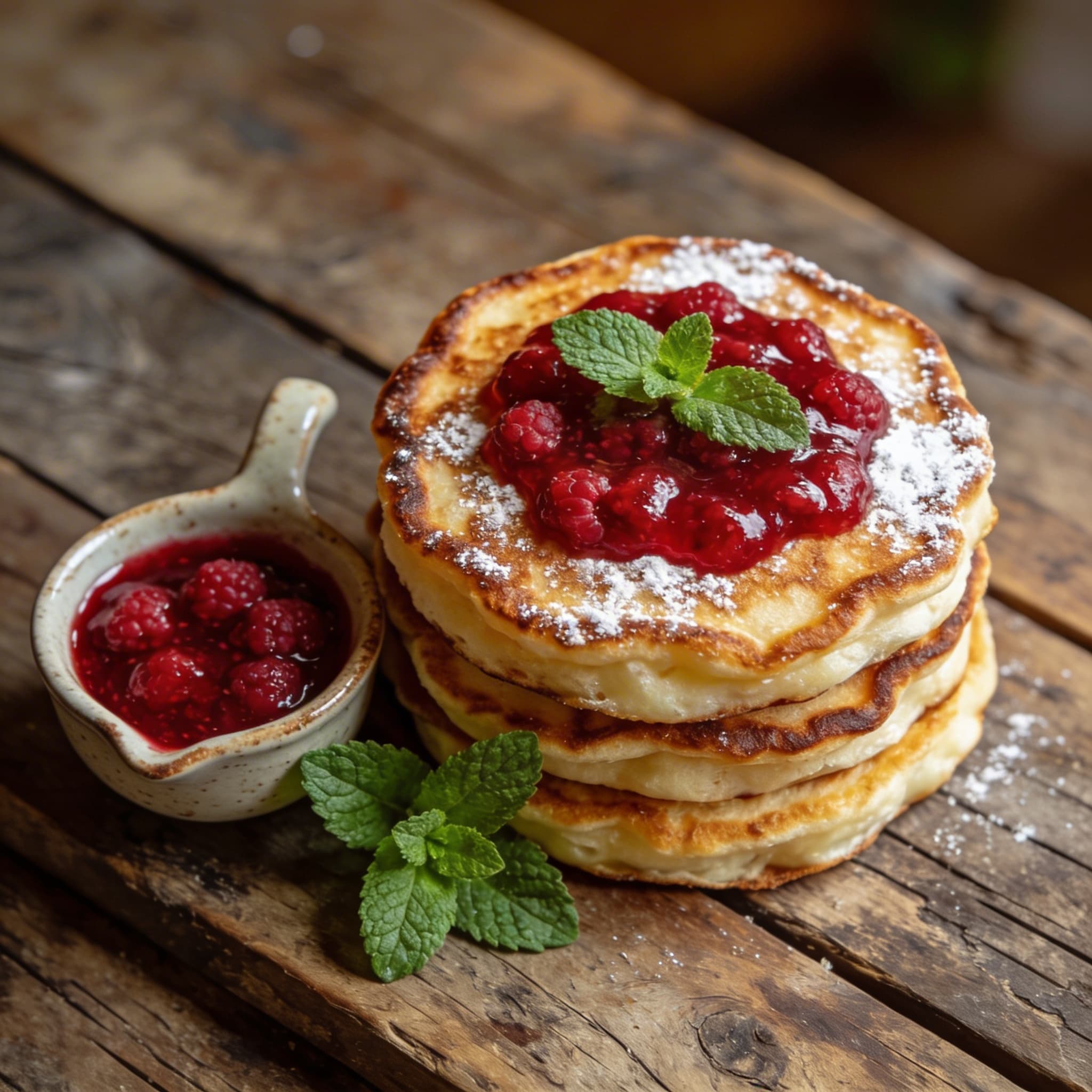 Goldbraune Pfannkuchen mit Konfitüre