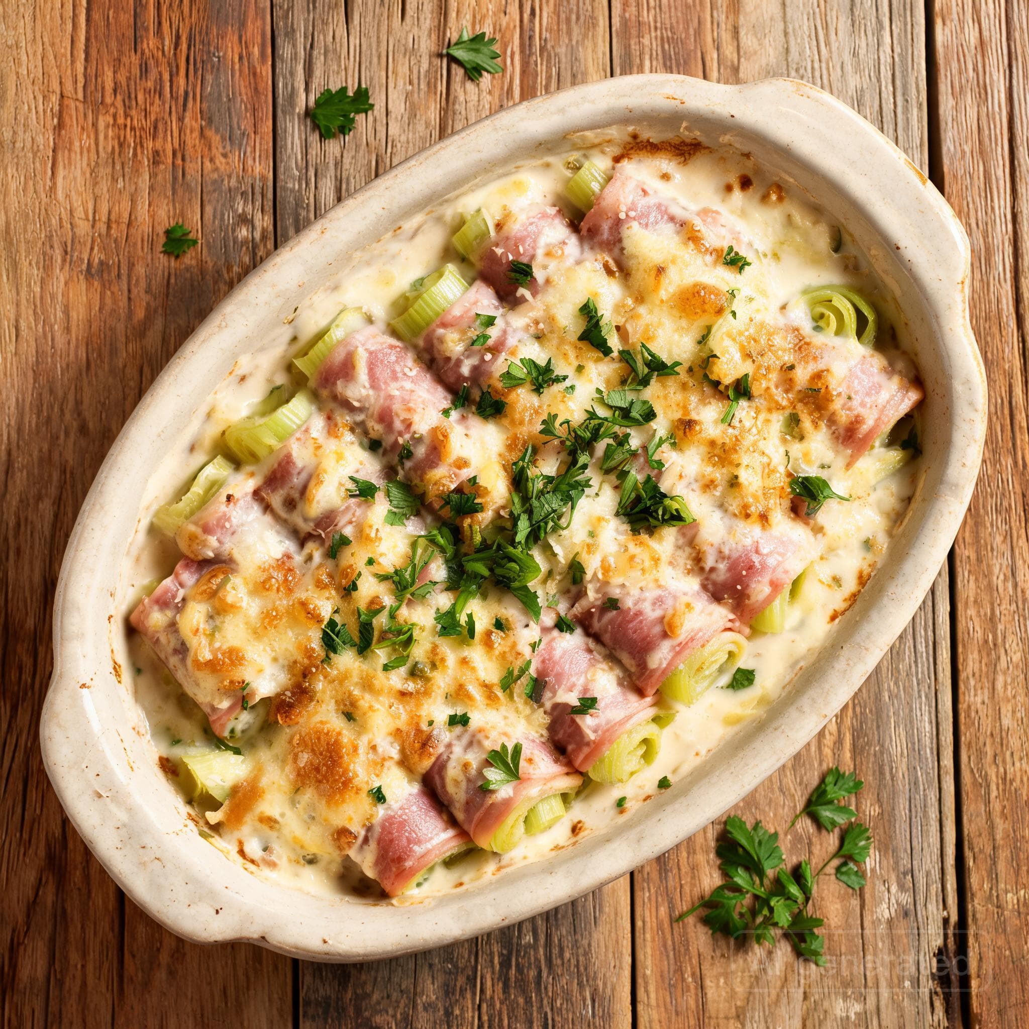 Gratinierte Schinken-Lauch-Röllchen
