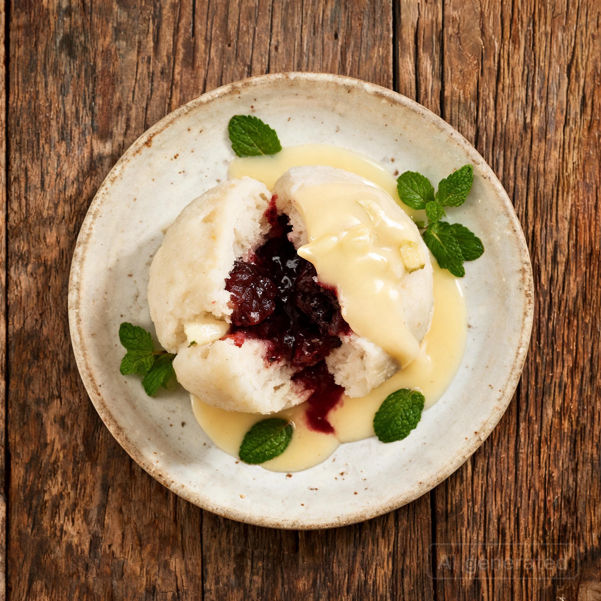 Germknödel mit Pflaumenmus und Vanillesauce