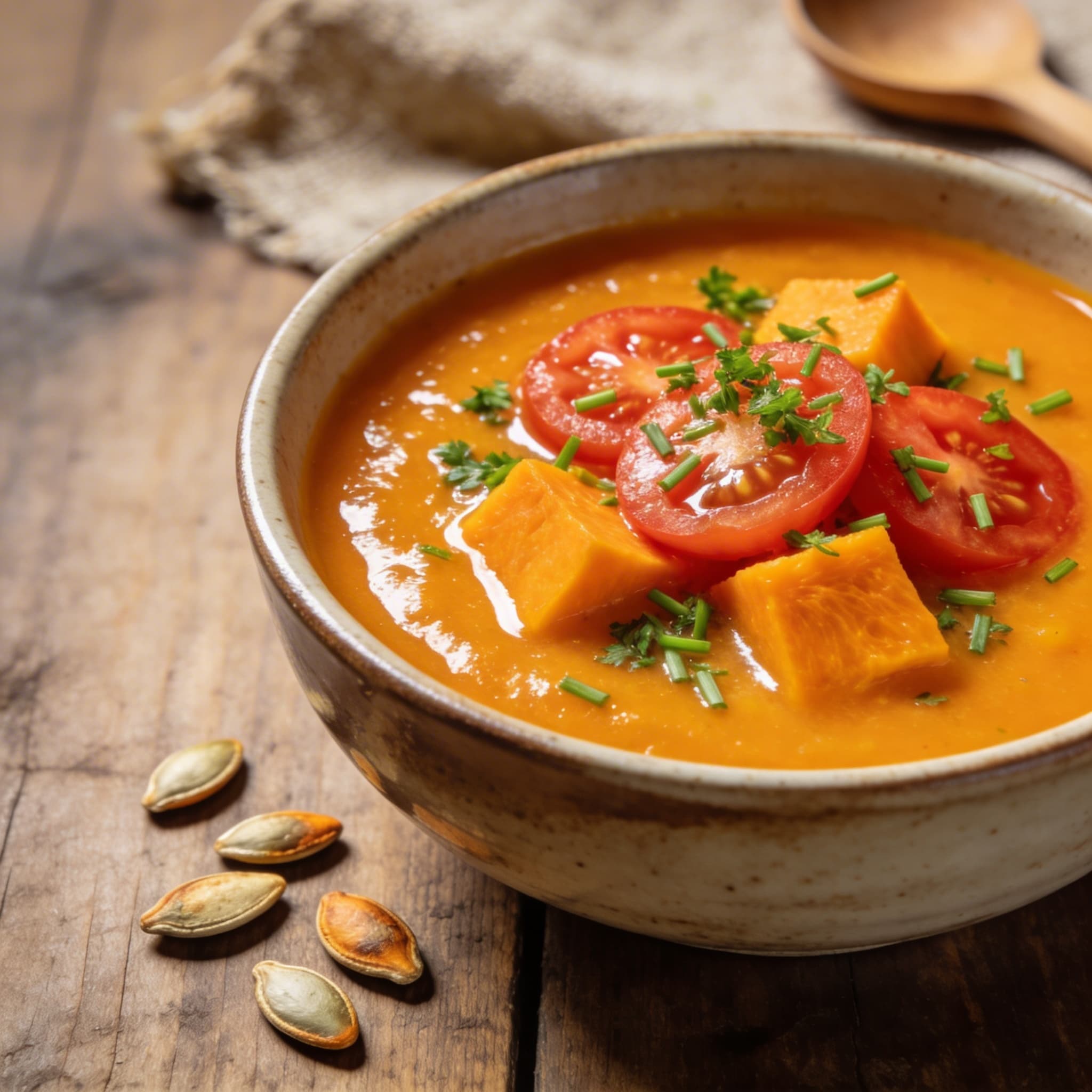 Herzhafte Kürbissuppe mit Tomaten