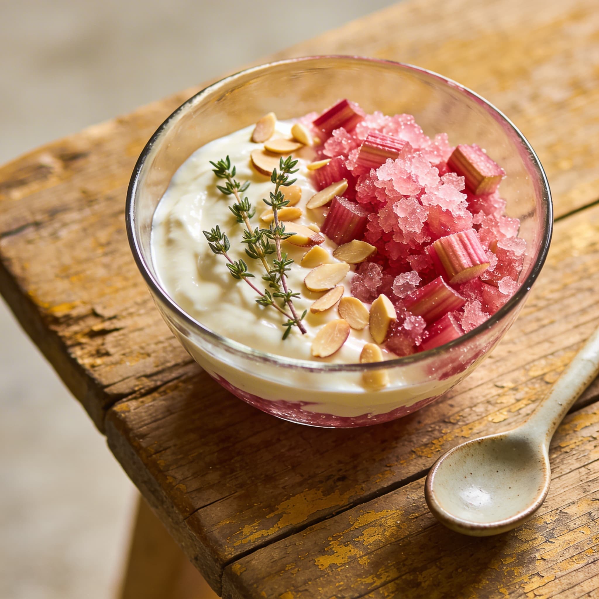 Joghurt-Mousse mit Rhabarber-Granita