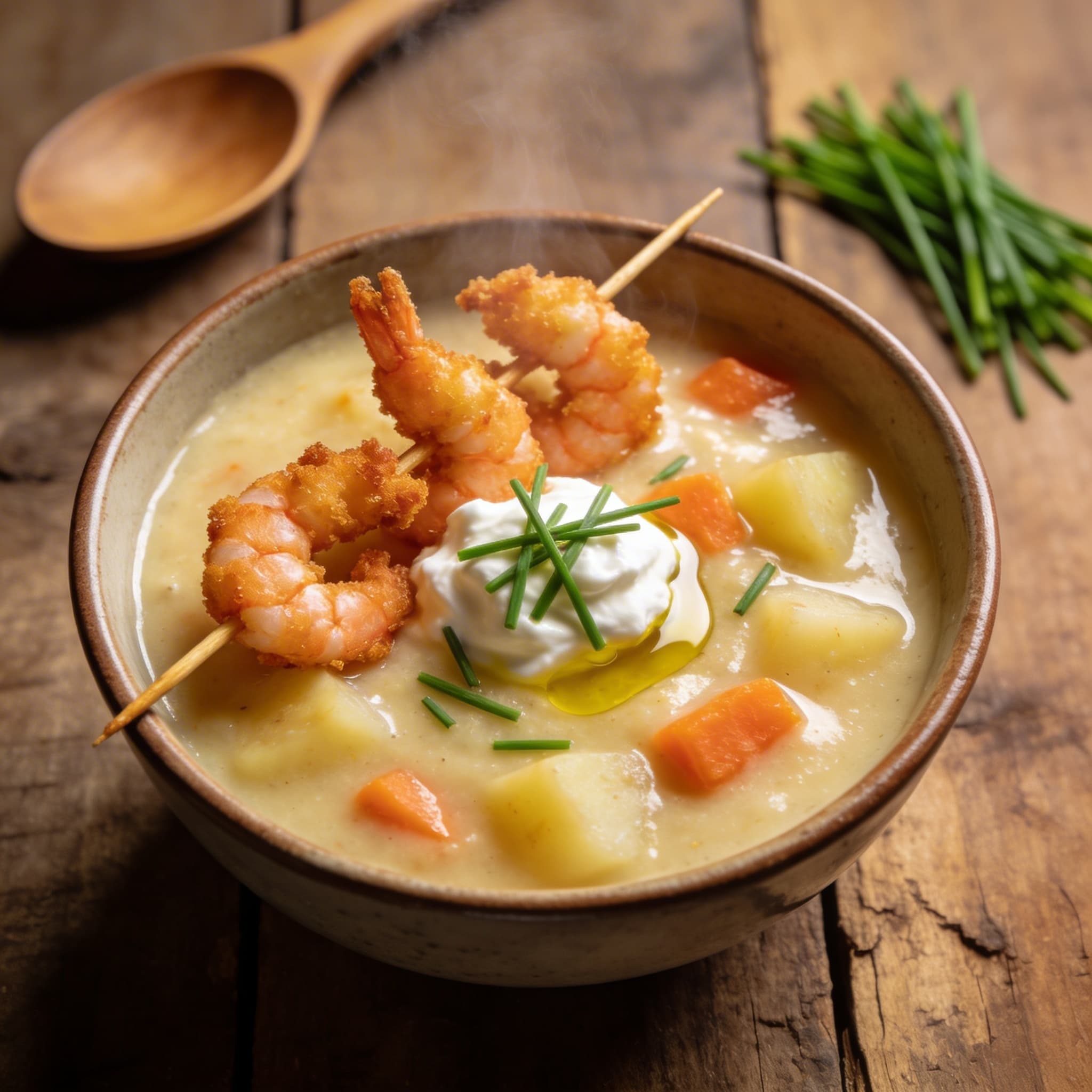 Cremige Kartoffelsuppe mit Garnelen