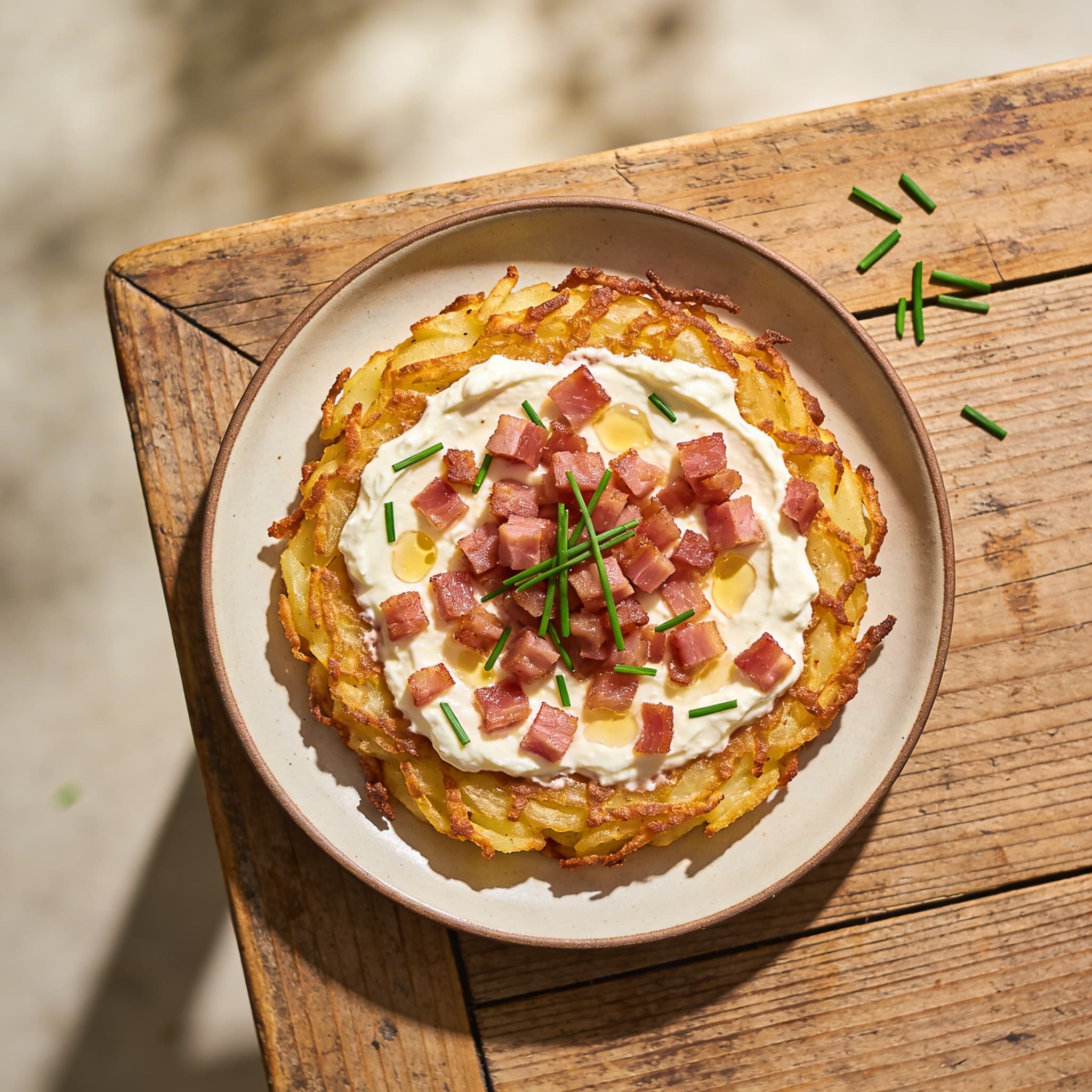 Knuspriger Rösti-Flammkuchen mit Speck
