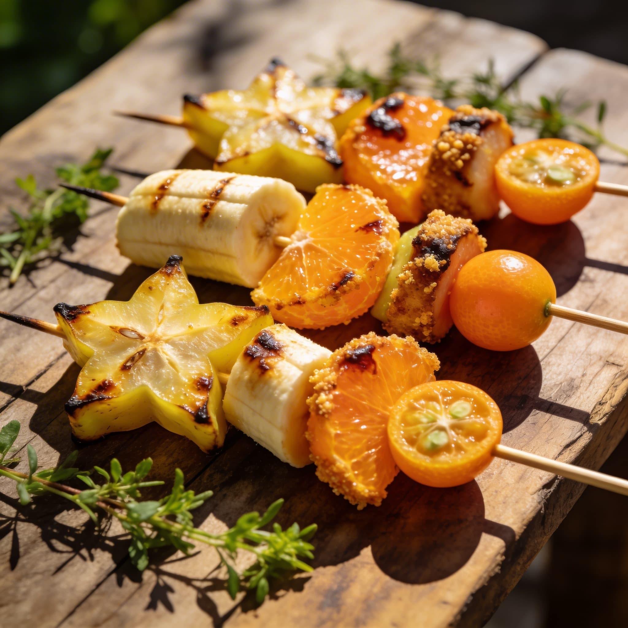 Gegrillte bunte Obstspieße