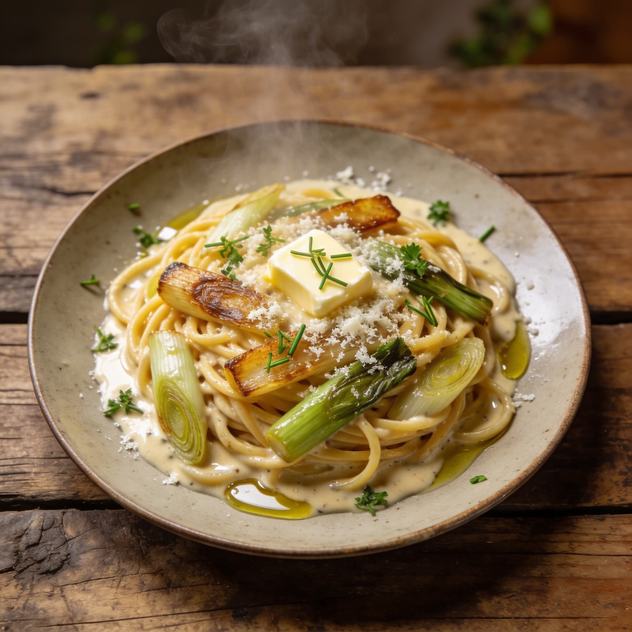 Cremige Lauch-Miso-Spaghetti