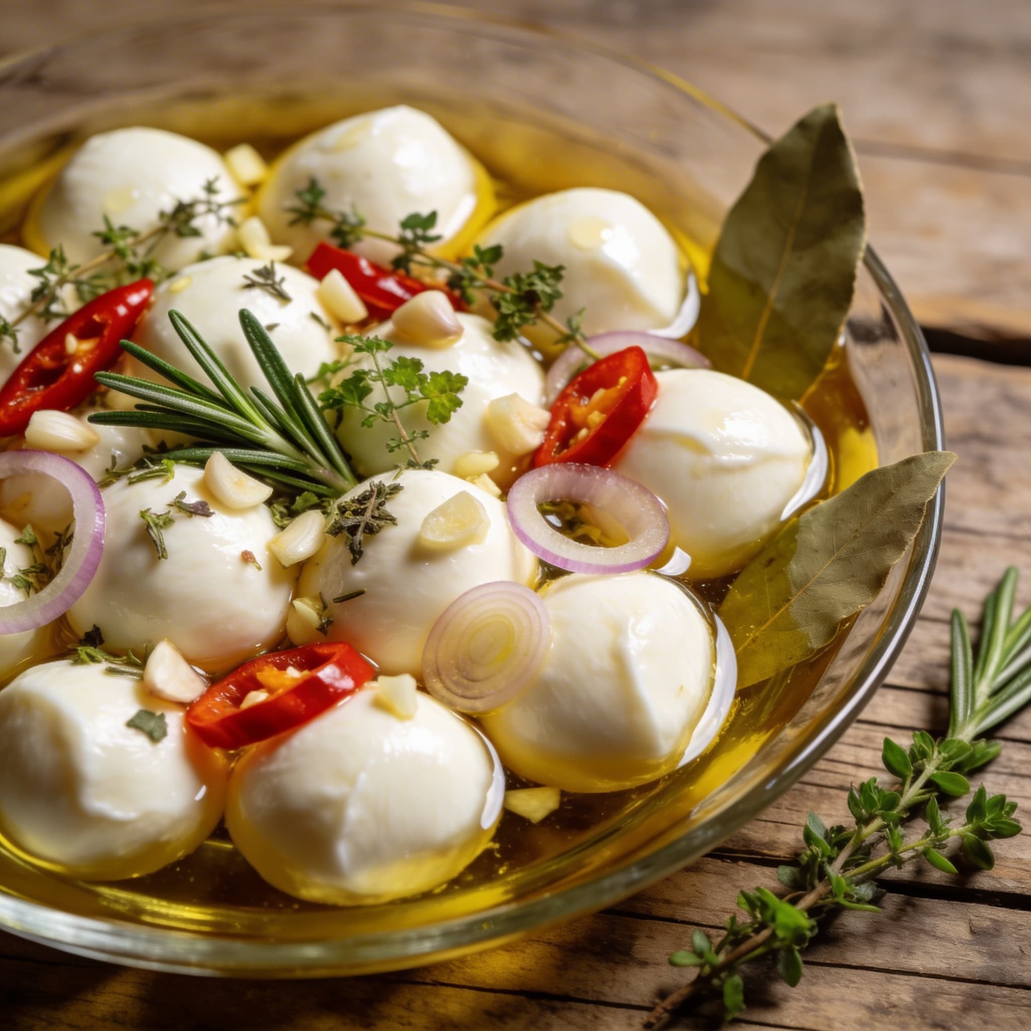 Würziger, eingelegter Mini-Mozzarella