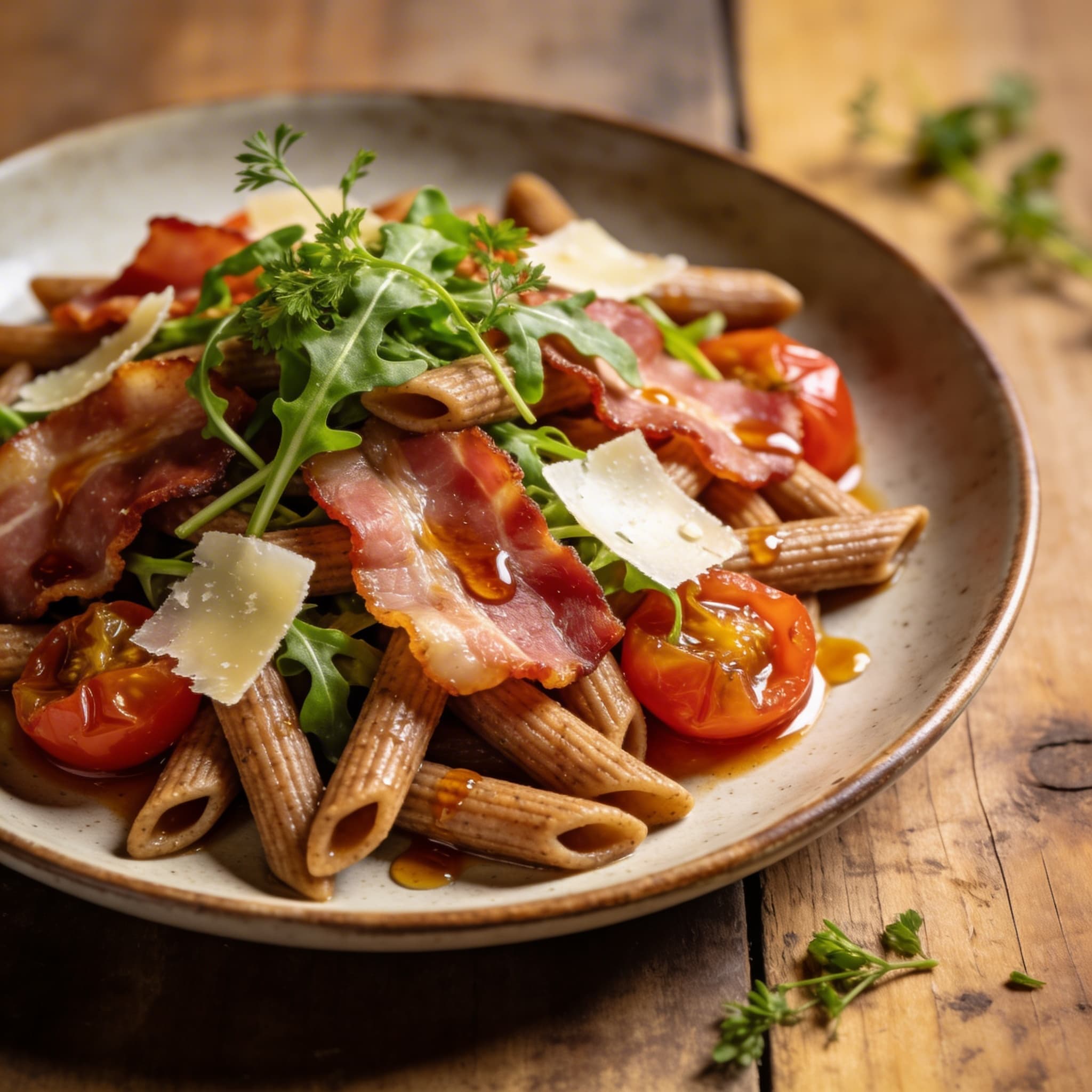 Dinkel-Penne mit krossem Speck