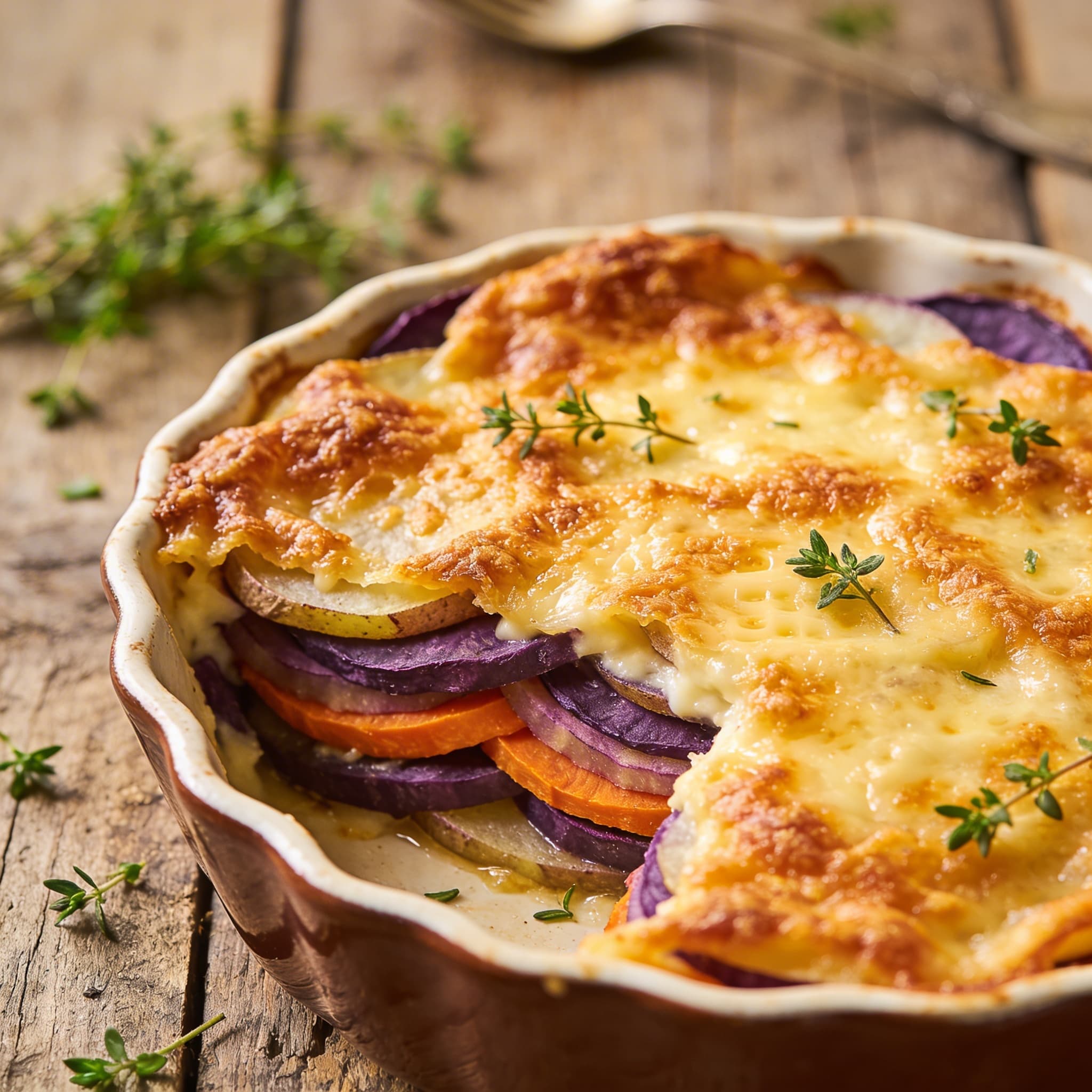 Buntes Drei-Farben-Kartoffelgratin