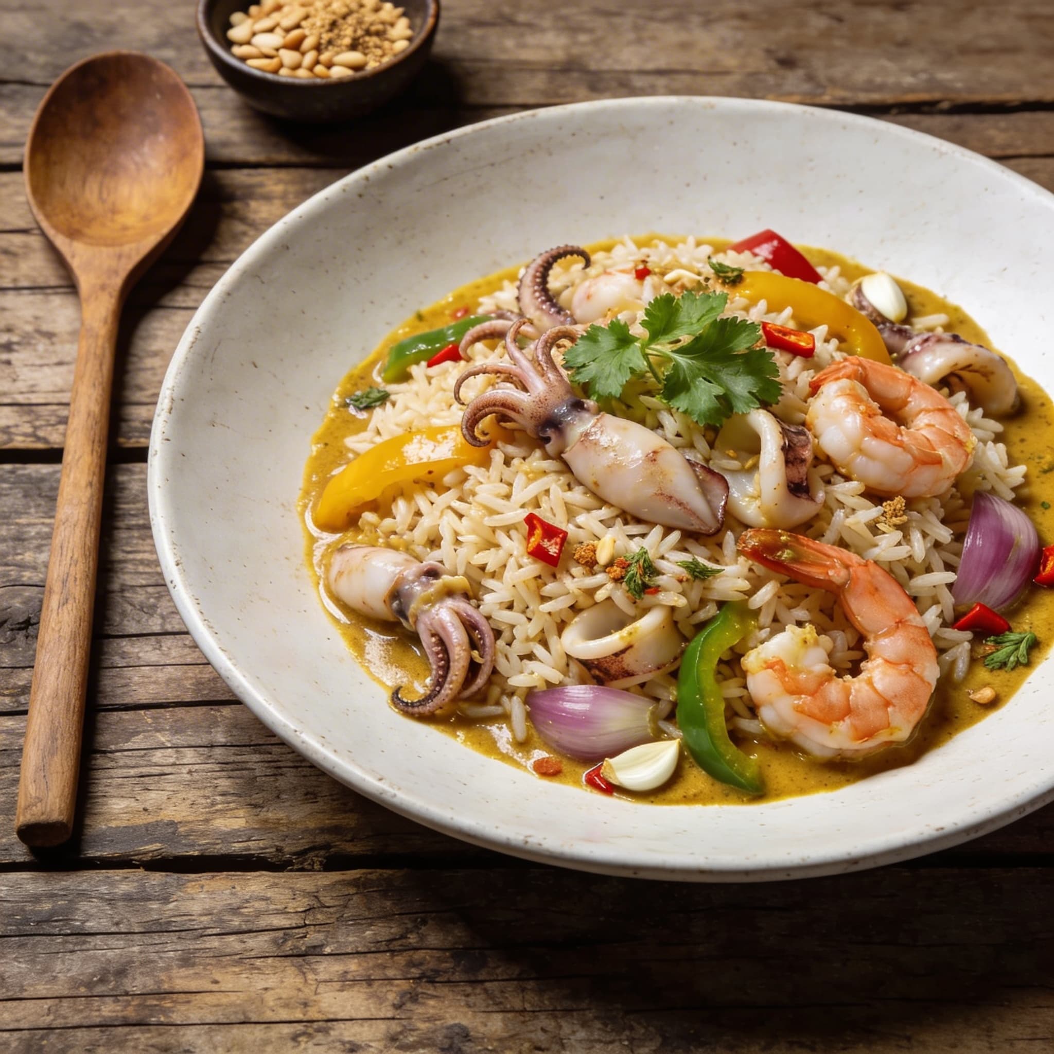 Würziger Meeresfrüchte Pfannenreis