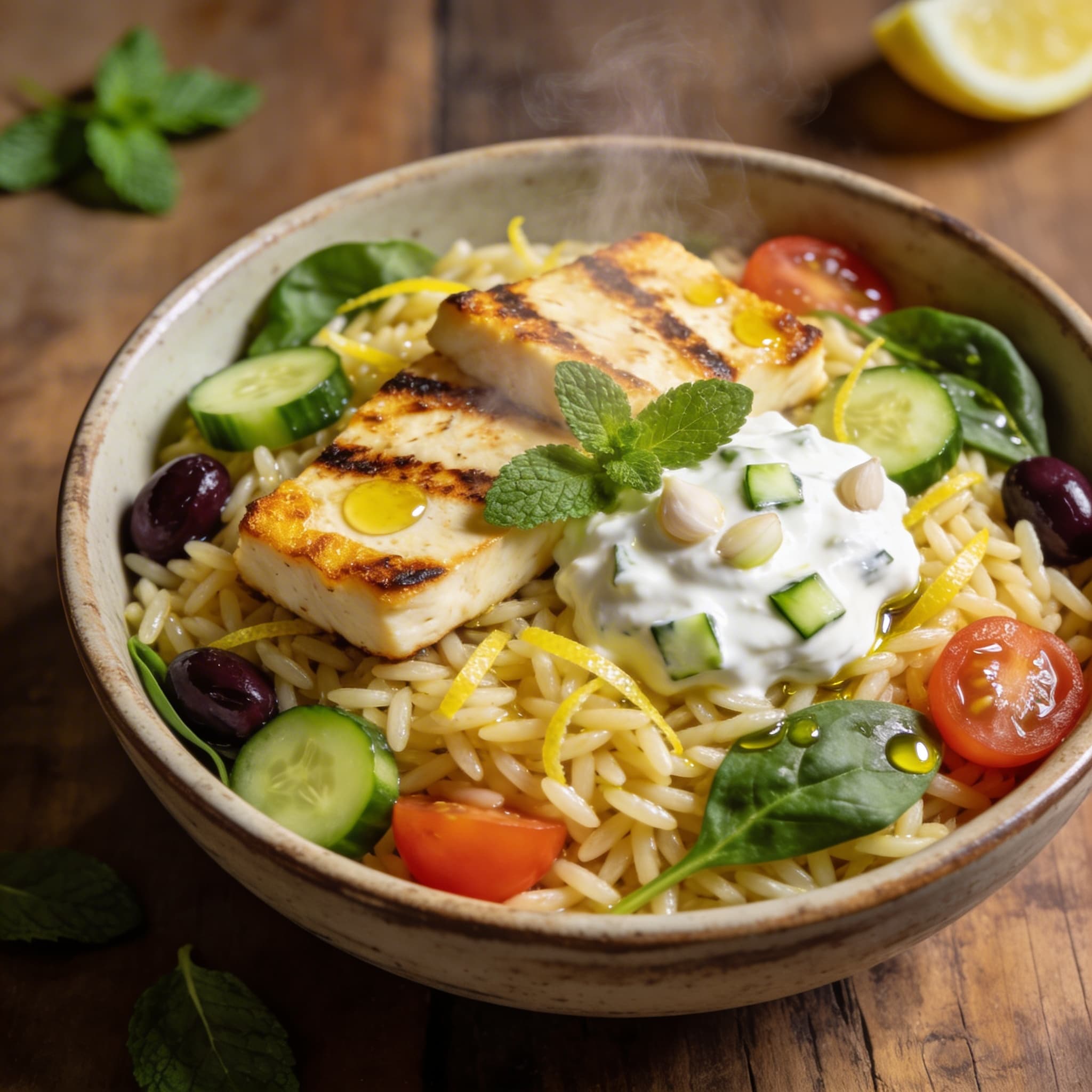 Orzo-Bowl mit gebratenem Halloumi