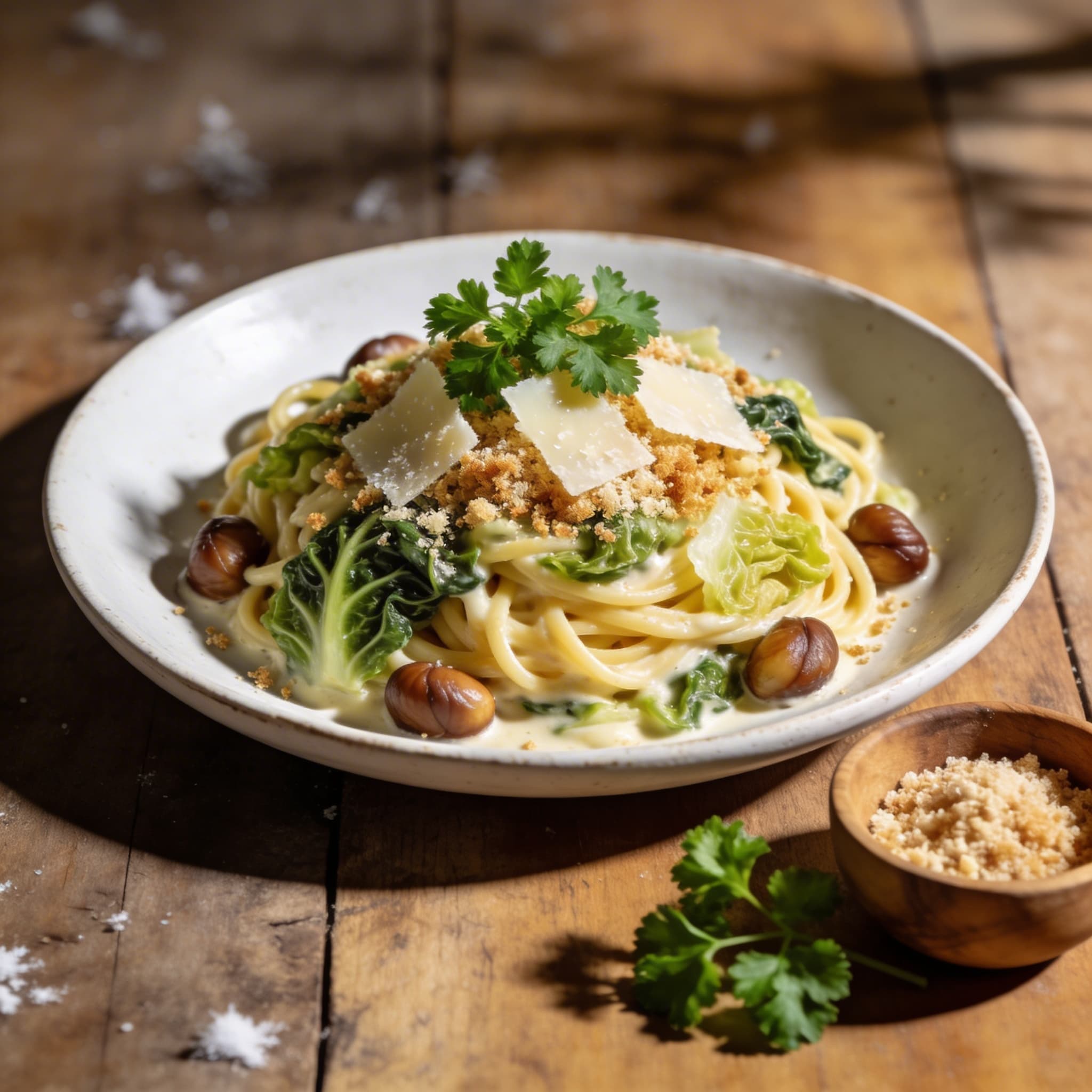 Wirsing-Carbonara mit Pecorino-Crunch