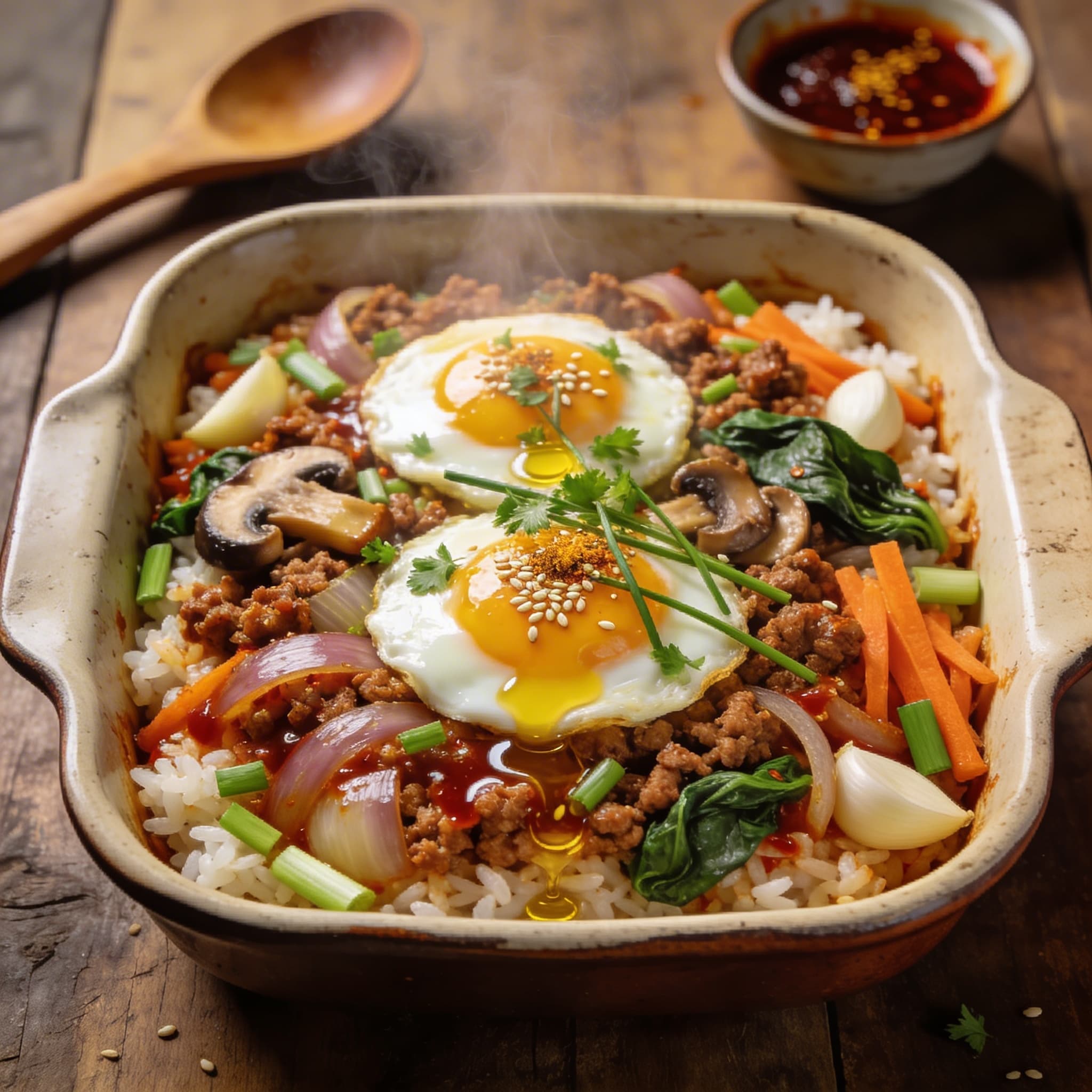 Würziger Bibimbap-Auflauf mit Hackfleisch