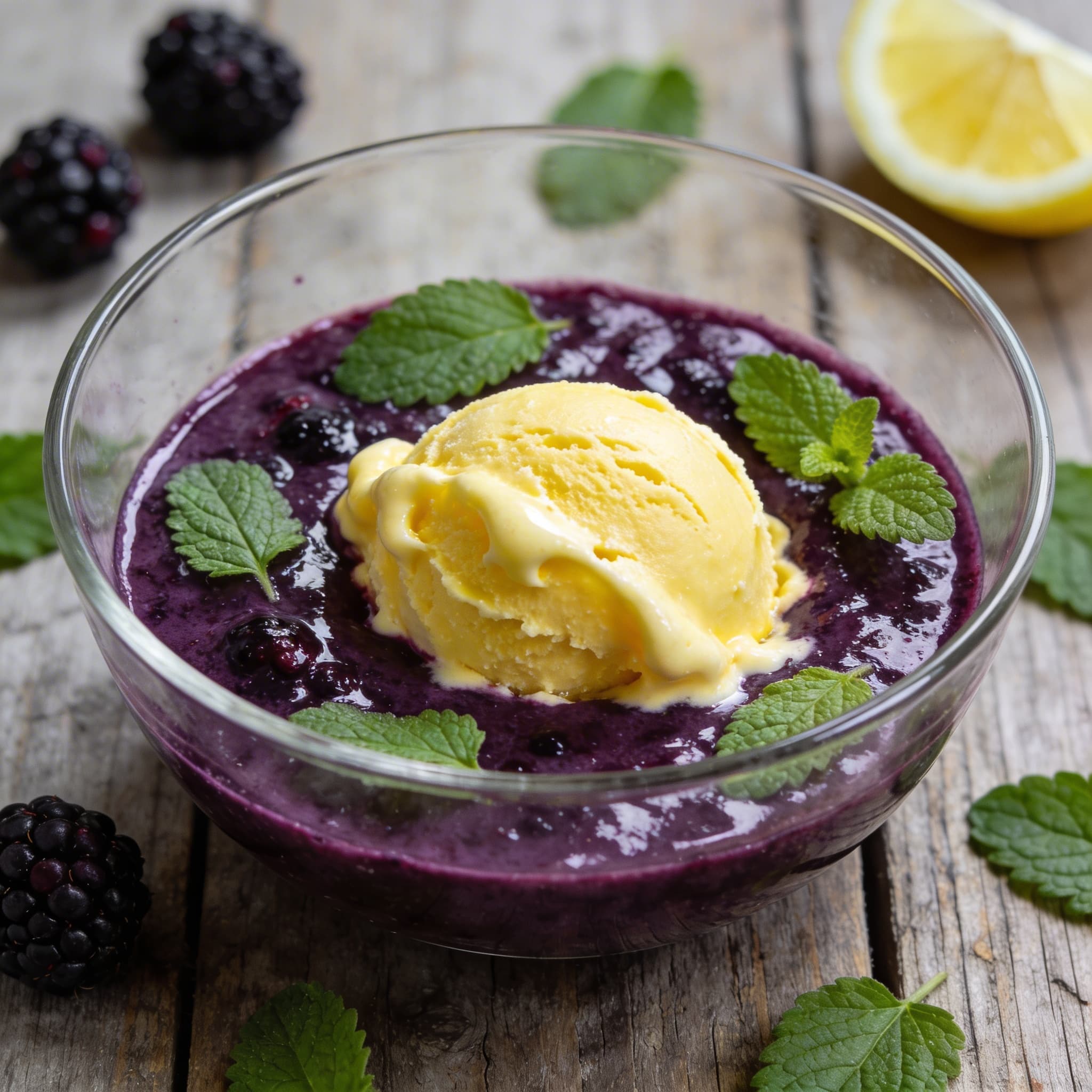 Zitronensorbet mit Beerensuppe