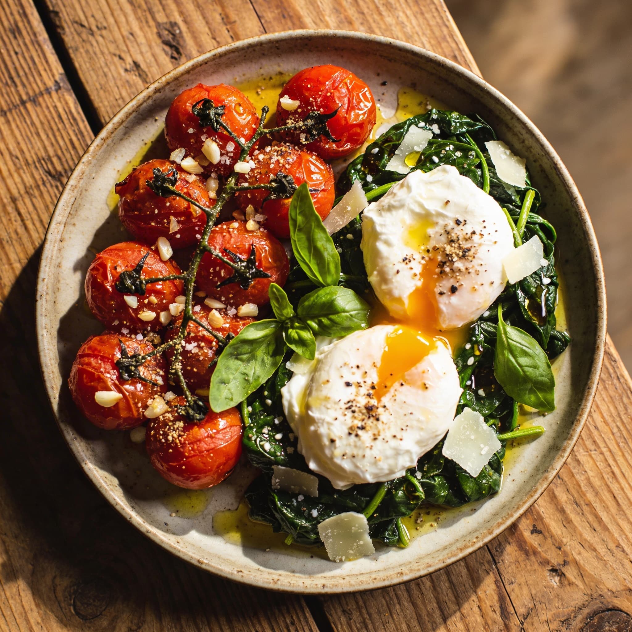 Geschmolzene Tomaten mit pochiertem Ei