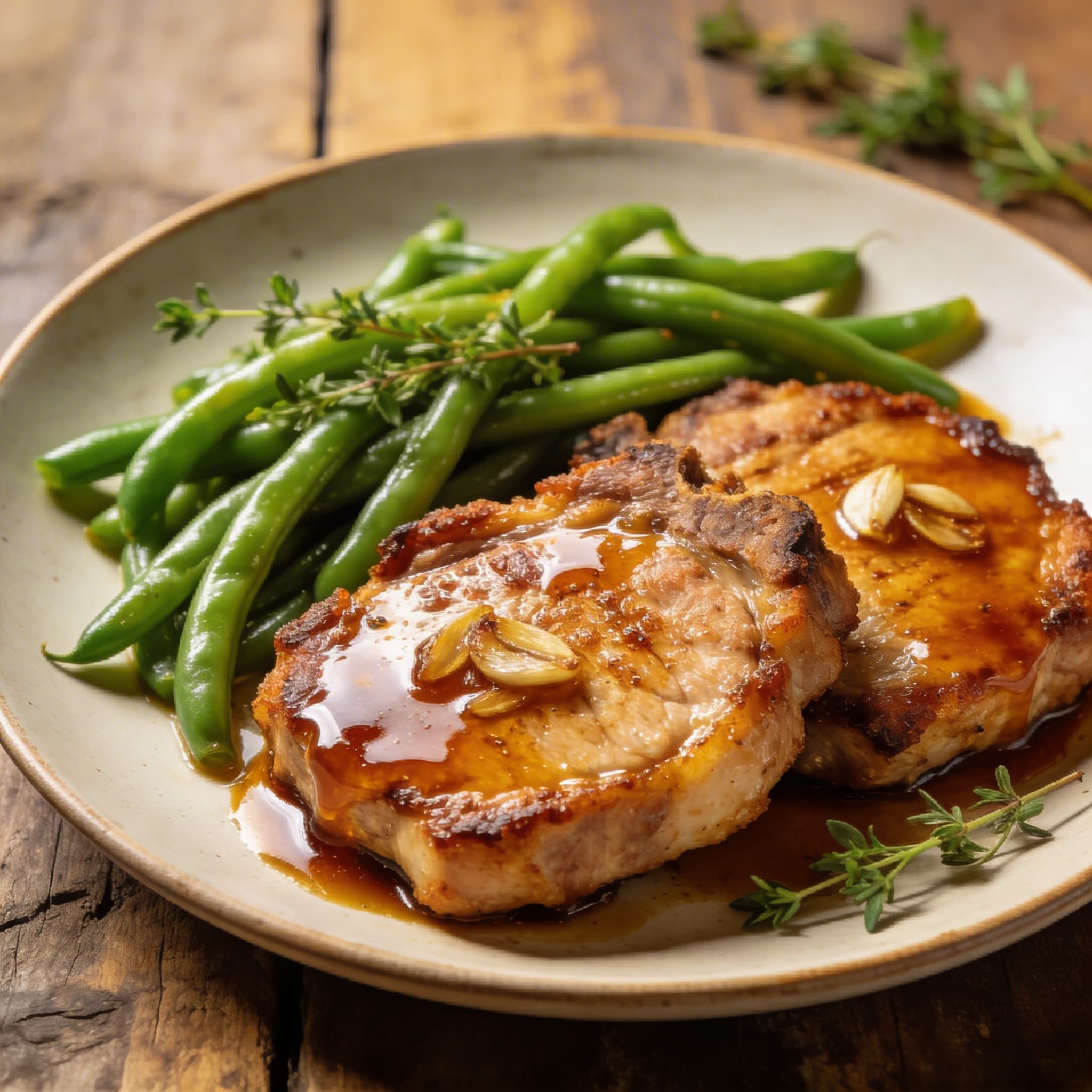 Ahorn-Knoblauch Schweinekoteletts mit Bohnen