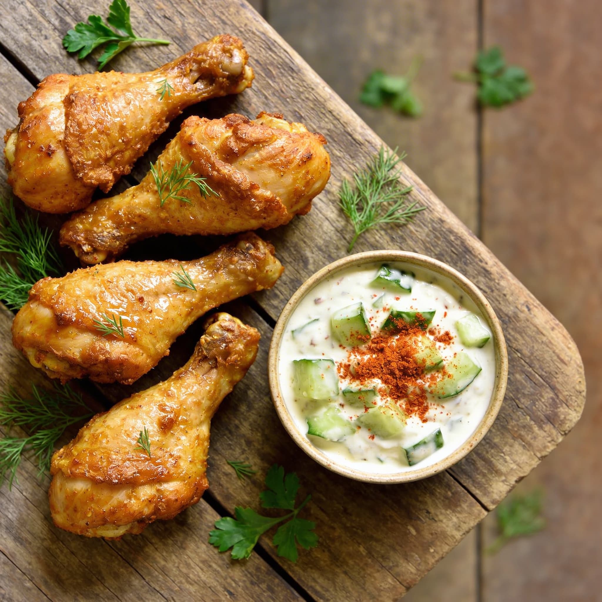 Knusprige Hähnchenkeulen mit Dip