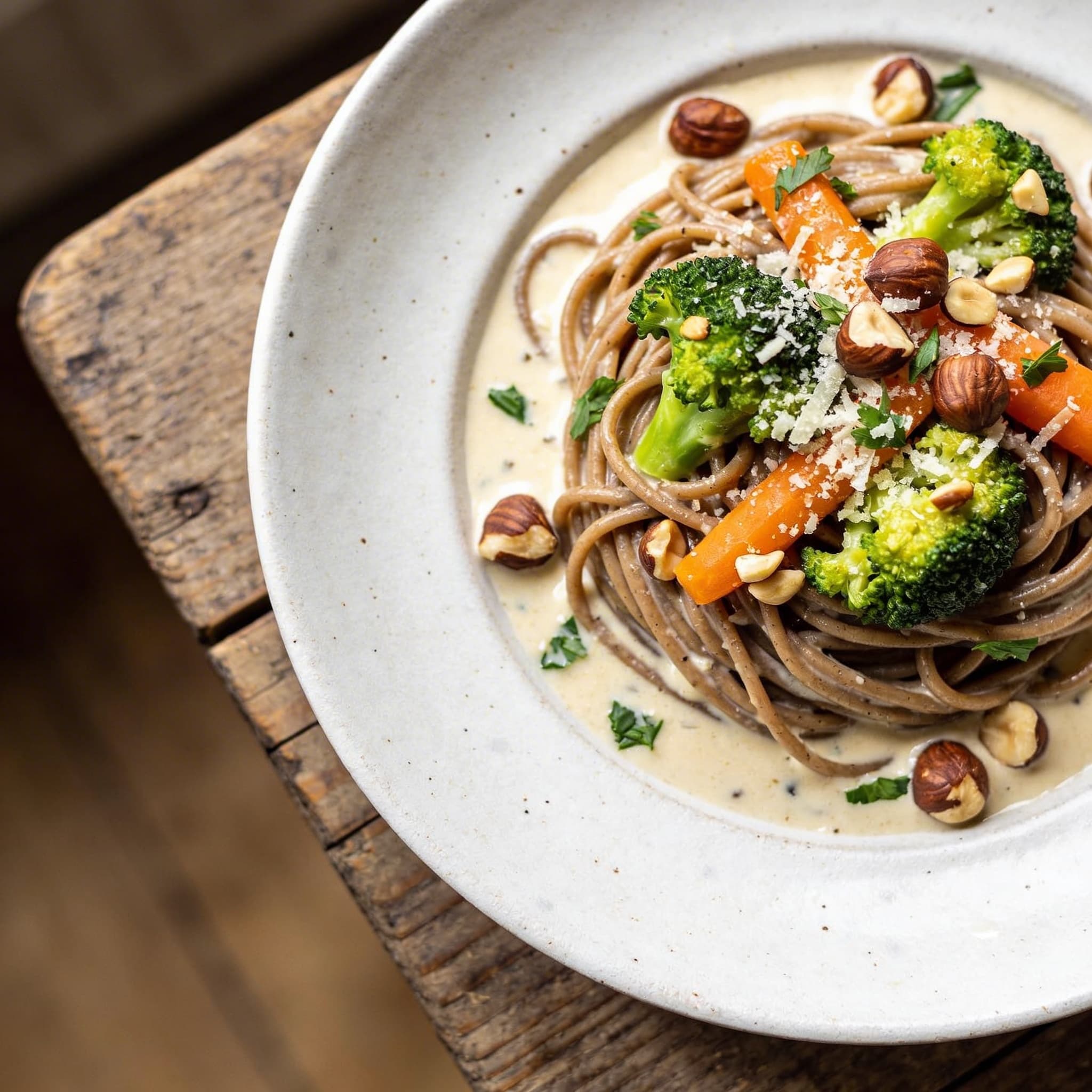 Vollkornspaghetti mit buntem Gemüse