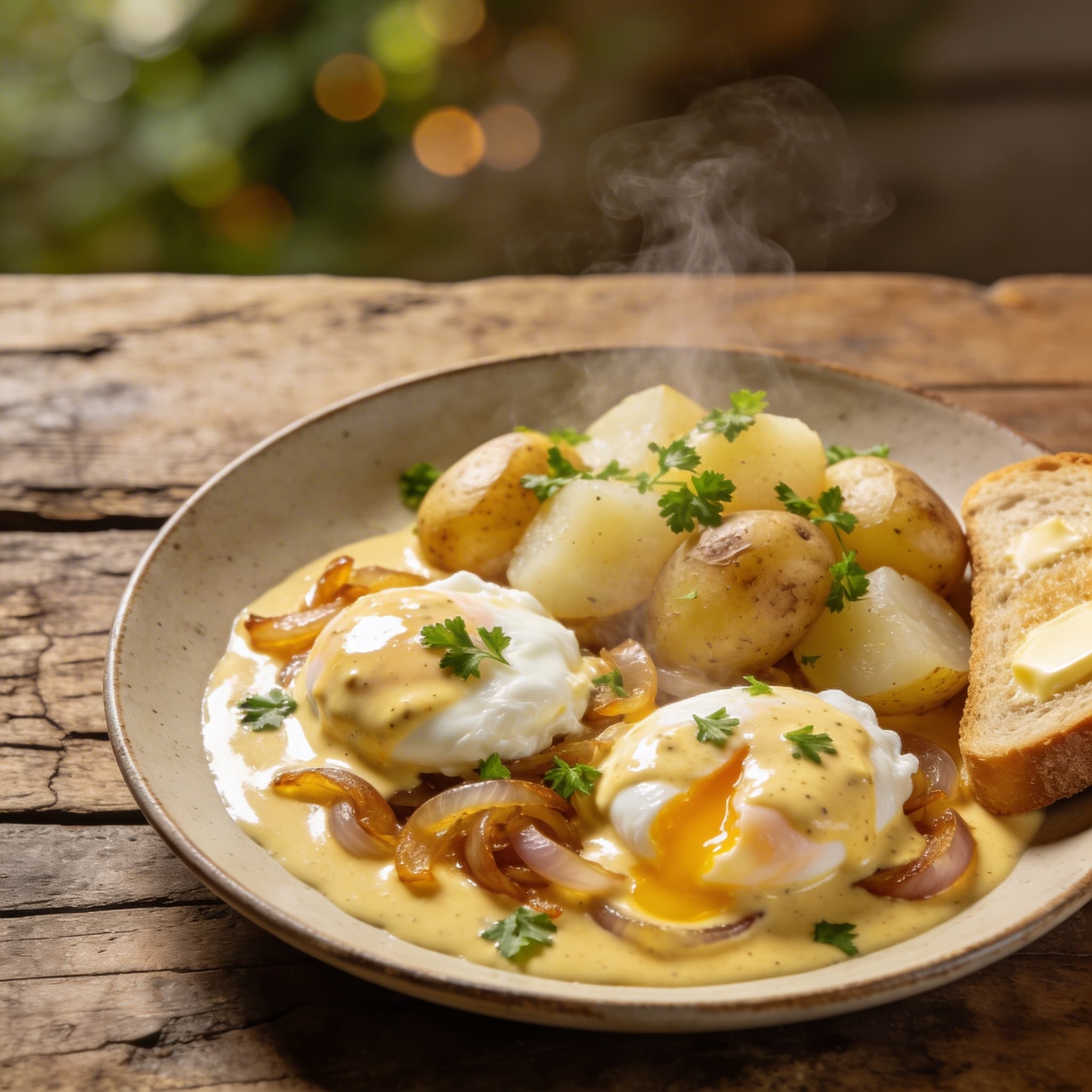 Klassische Senfeier mit Kartoffeln