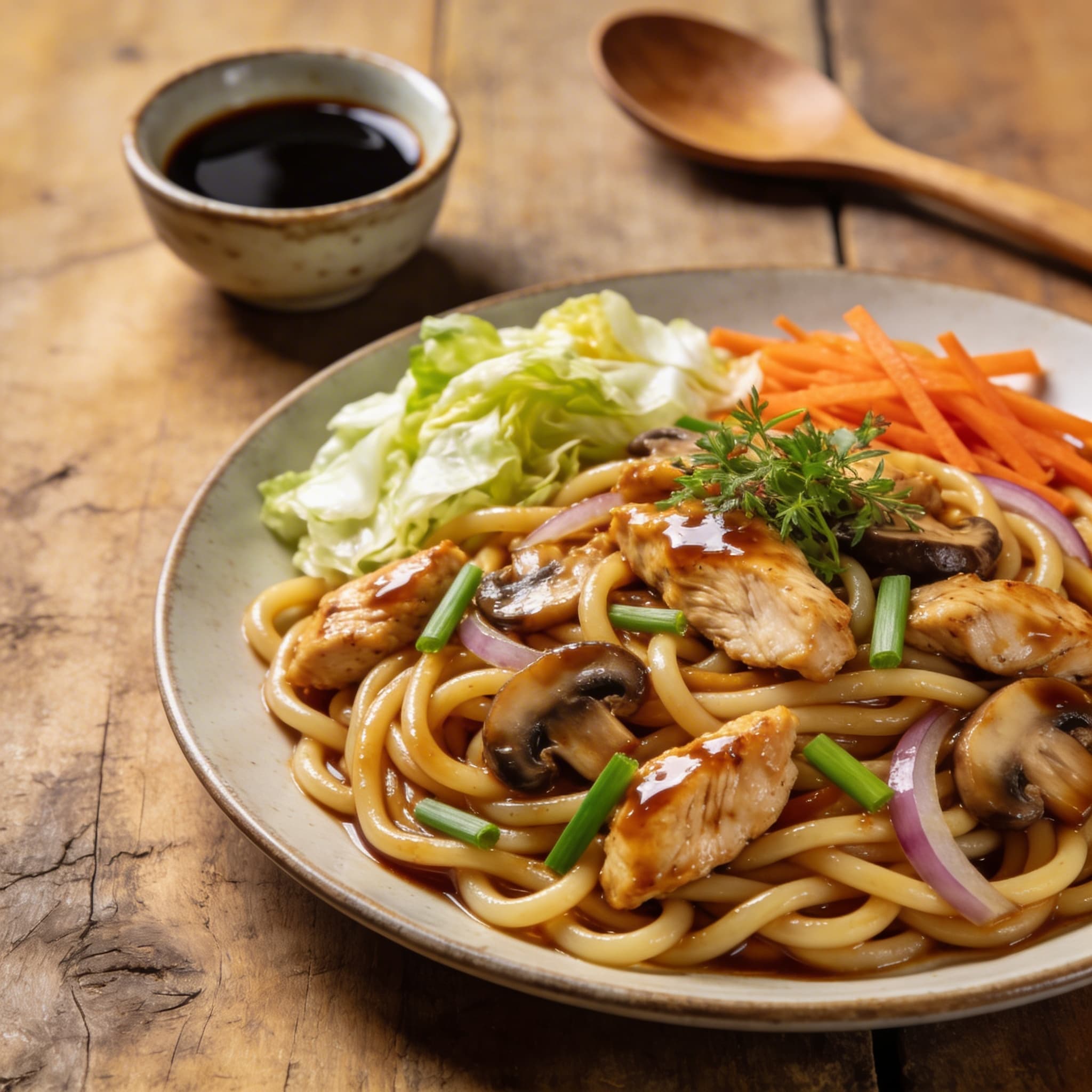 Gebratene Yaki-Udon mit Hähnchen