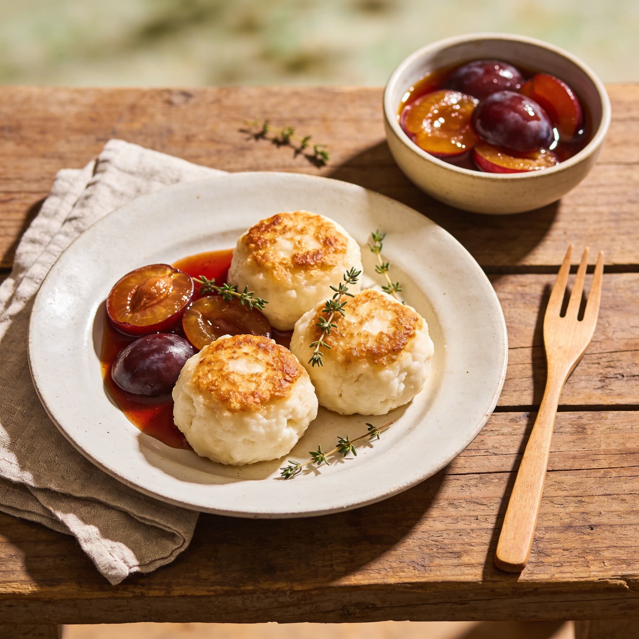 Quarkknödel mit warmem Zwetschgenkompott