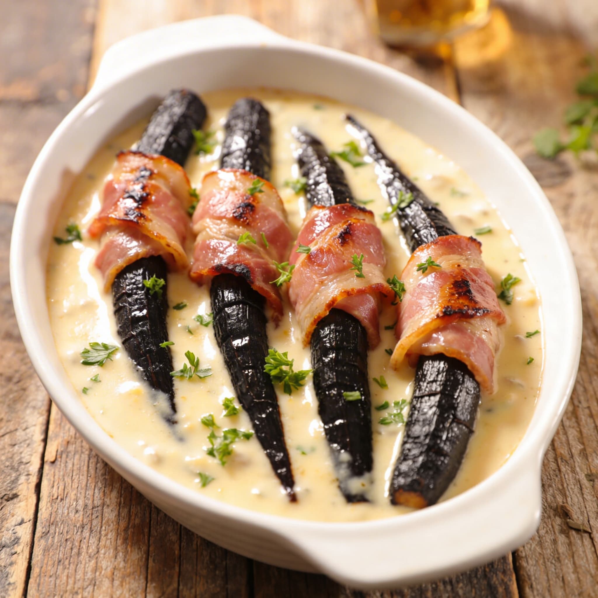 Überbackene Schwarzwurzeln im Schinkenmantel