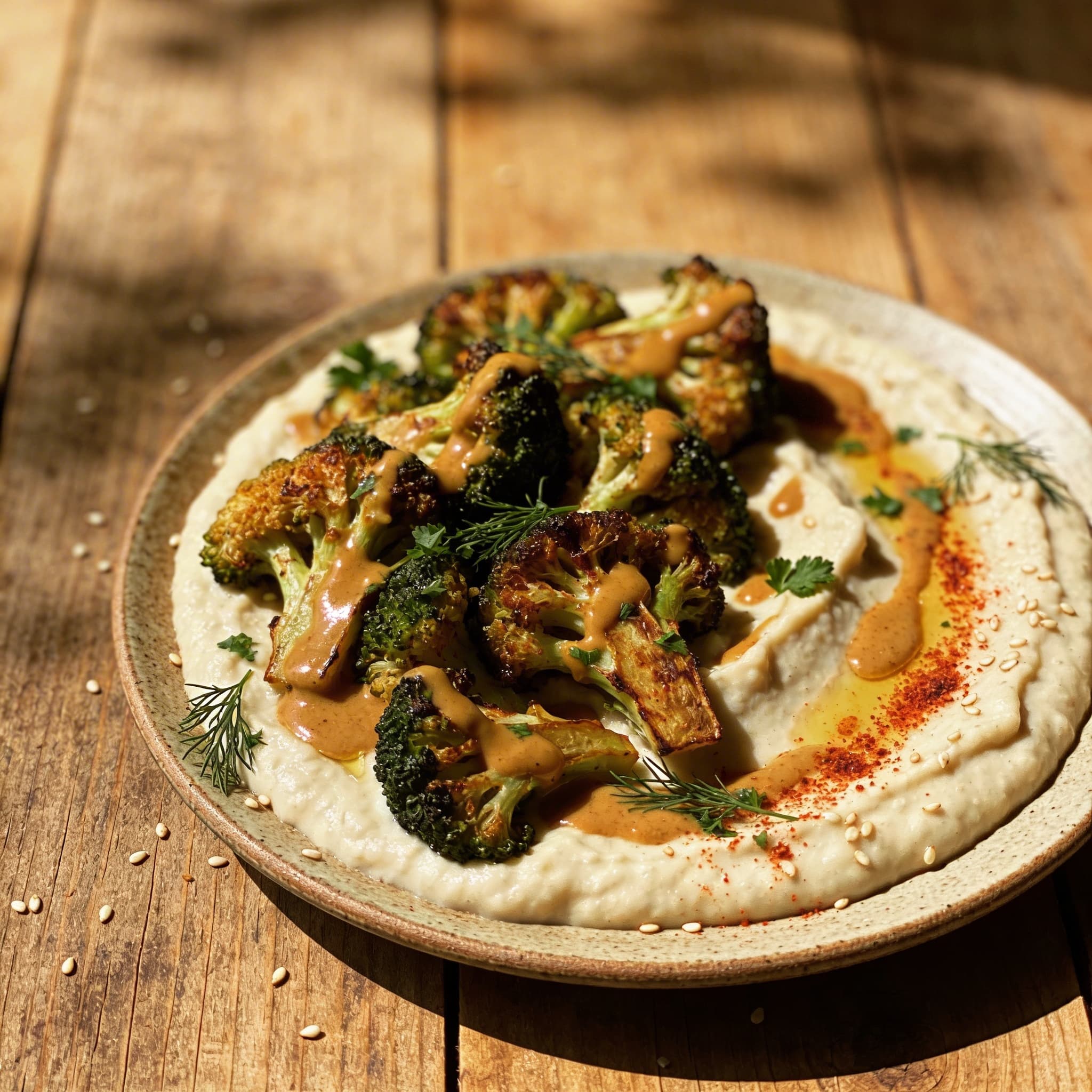 Gerösteter Brokkoli mit Bohnen-Hummus