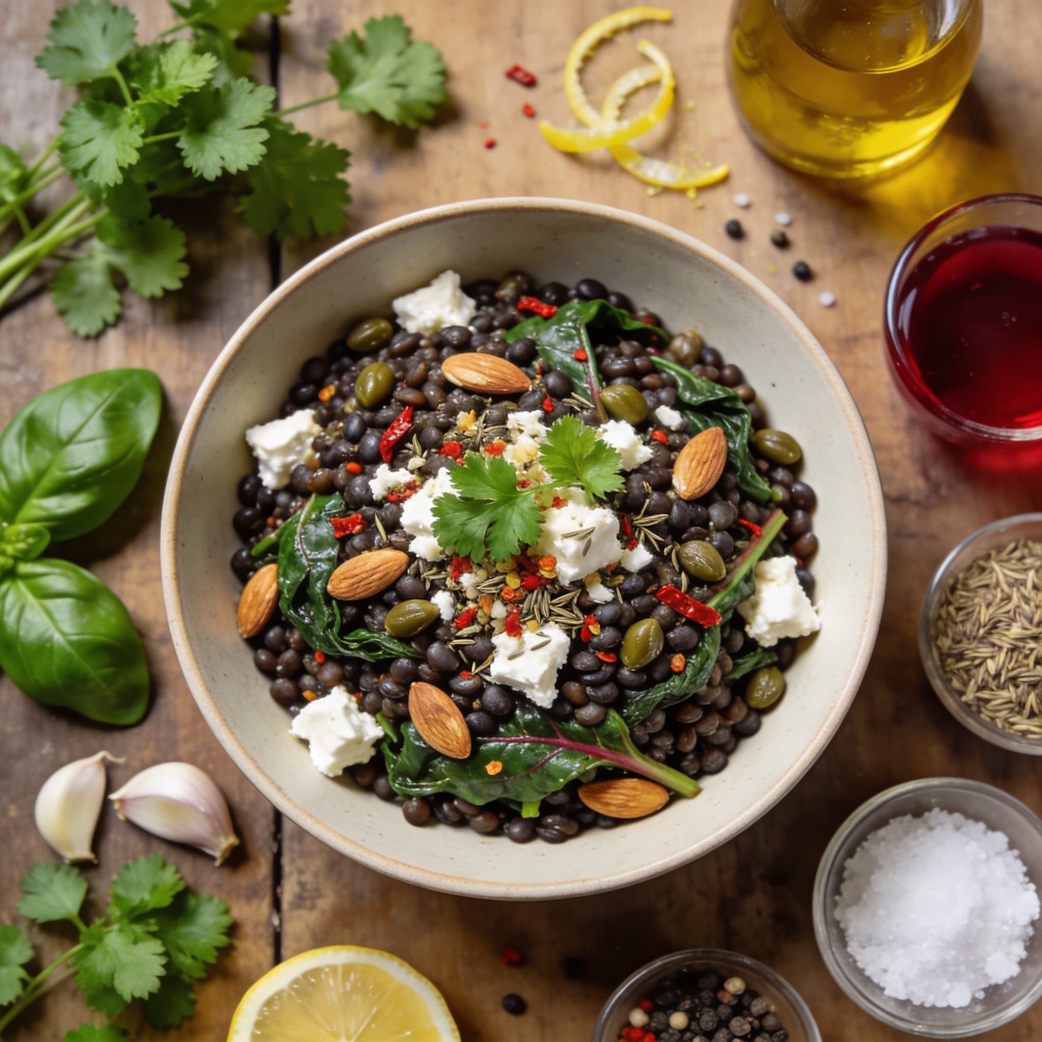 Würziger Belugalinsensalat mit Feta