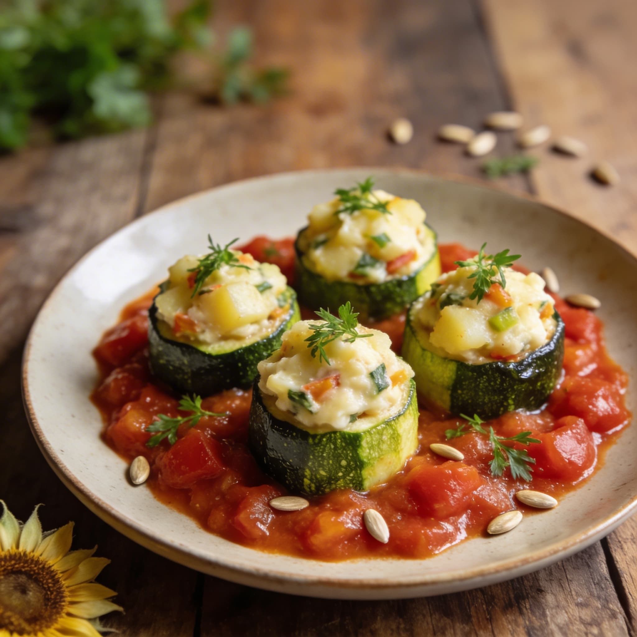 Gefüllte Zucchini auf Tomatensoße