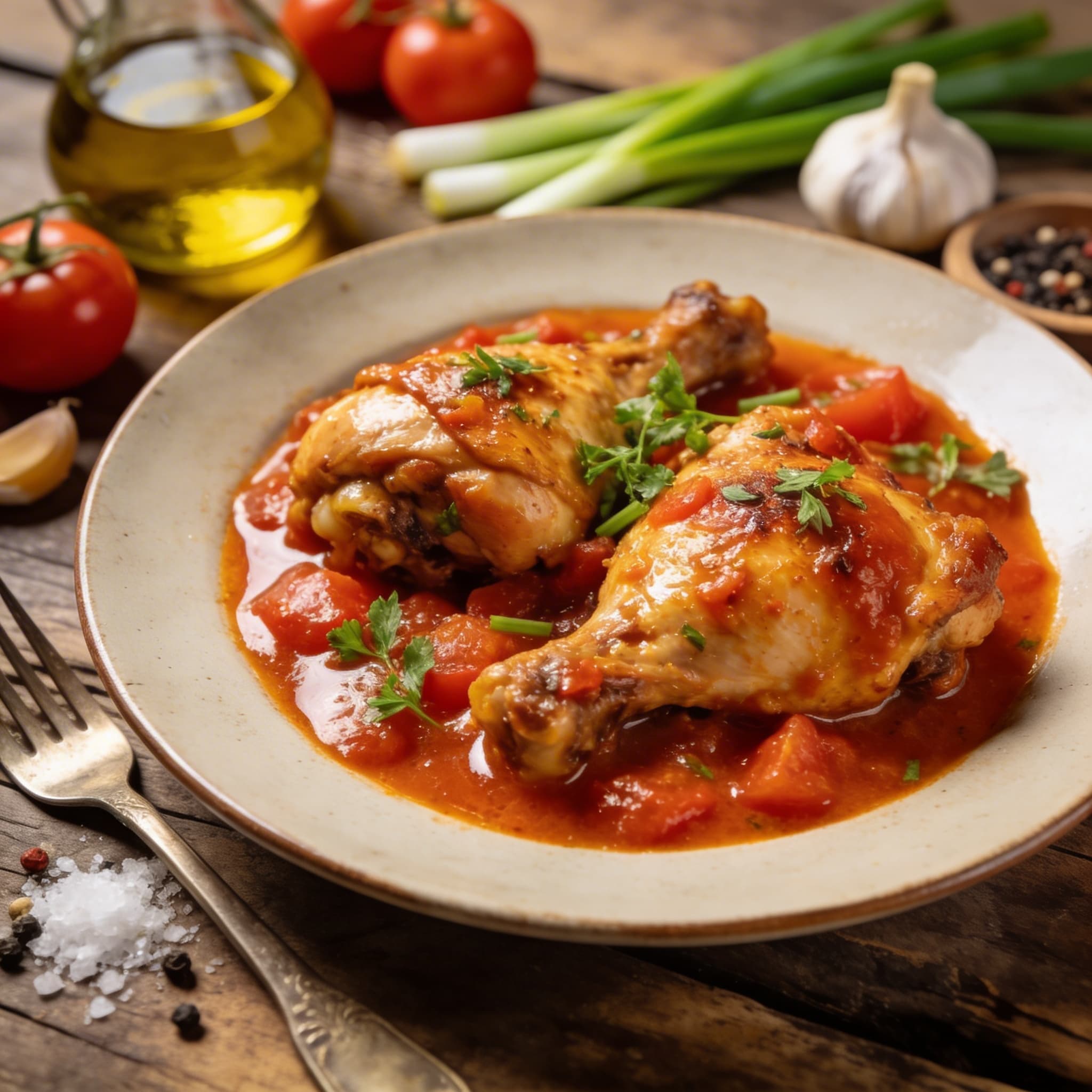 Hehnchenschenkel auf Tomatengemüse