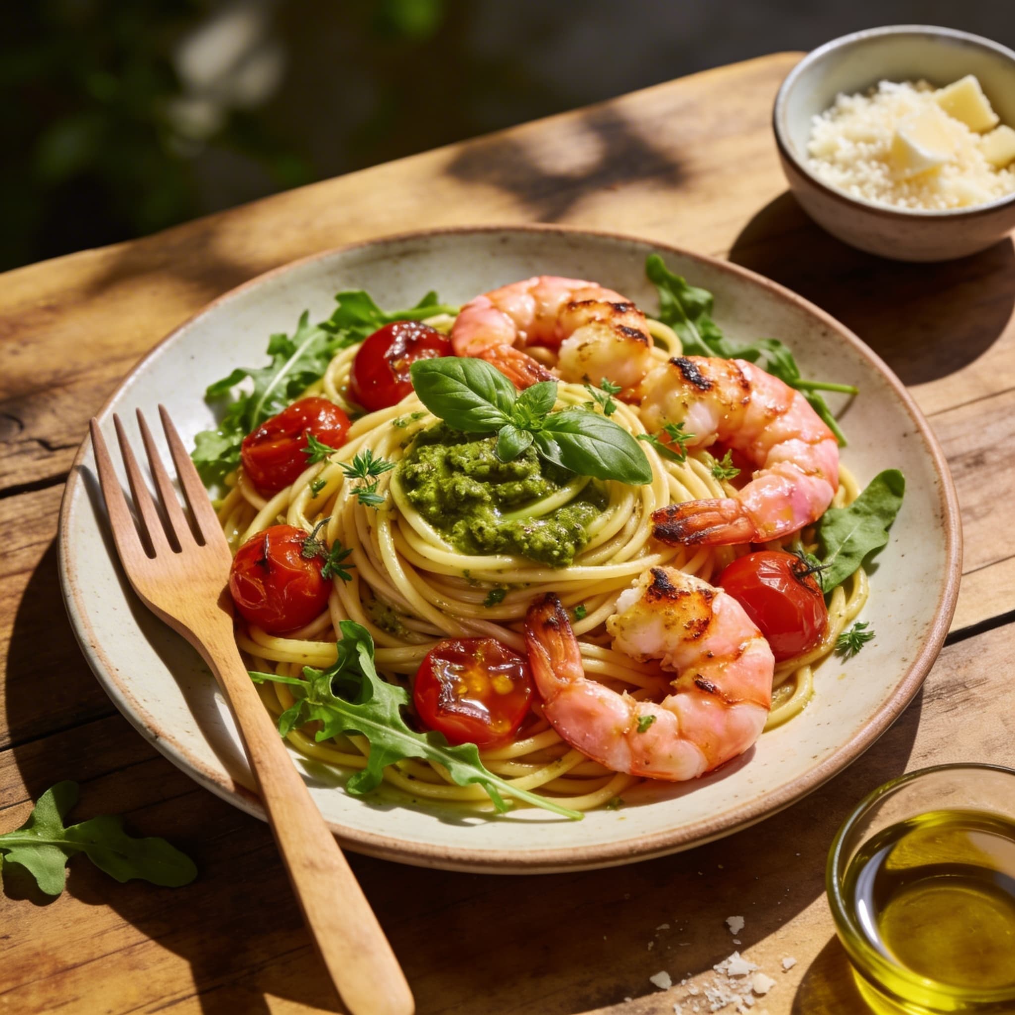 Garnelen-Pasta mit Rucola-Pesto