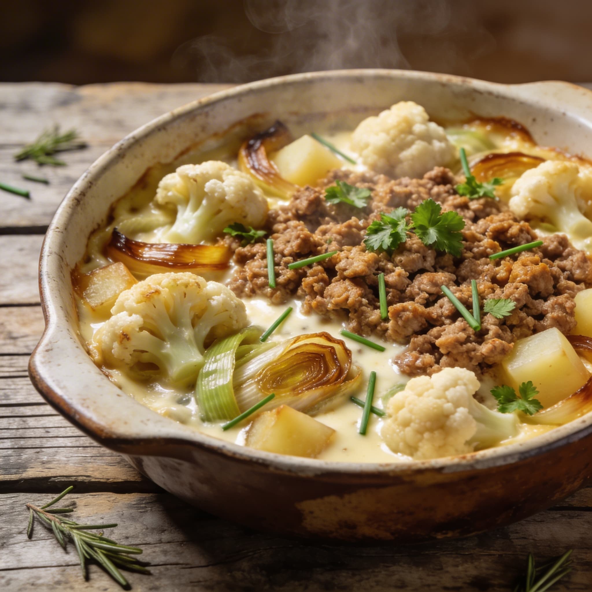 Herzhafter Blumenkohl-Hack-Auflauf