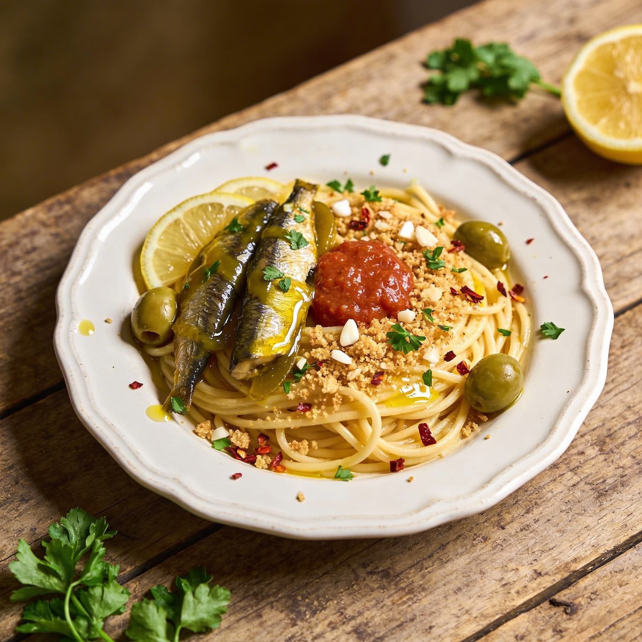 Sardinen-Pasta mit Knusper-Bröseln