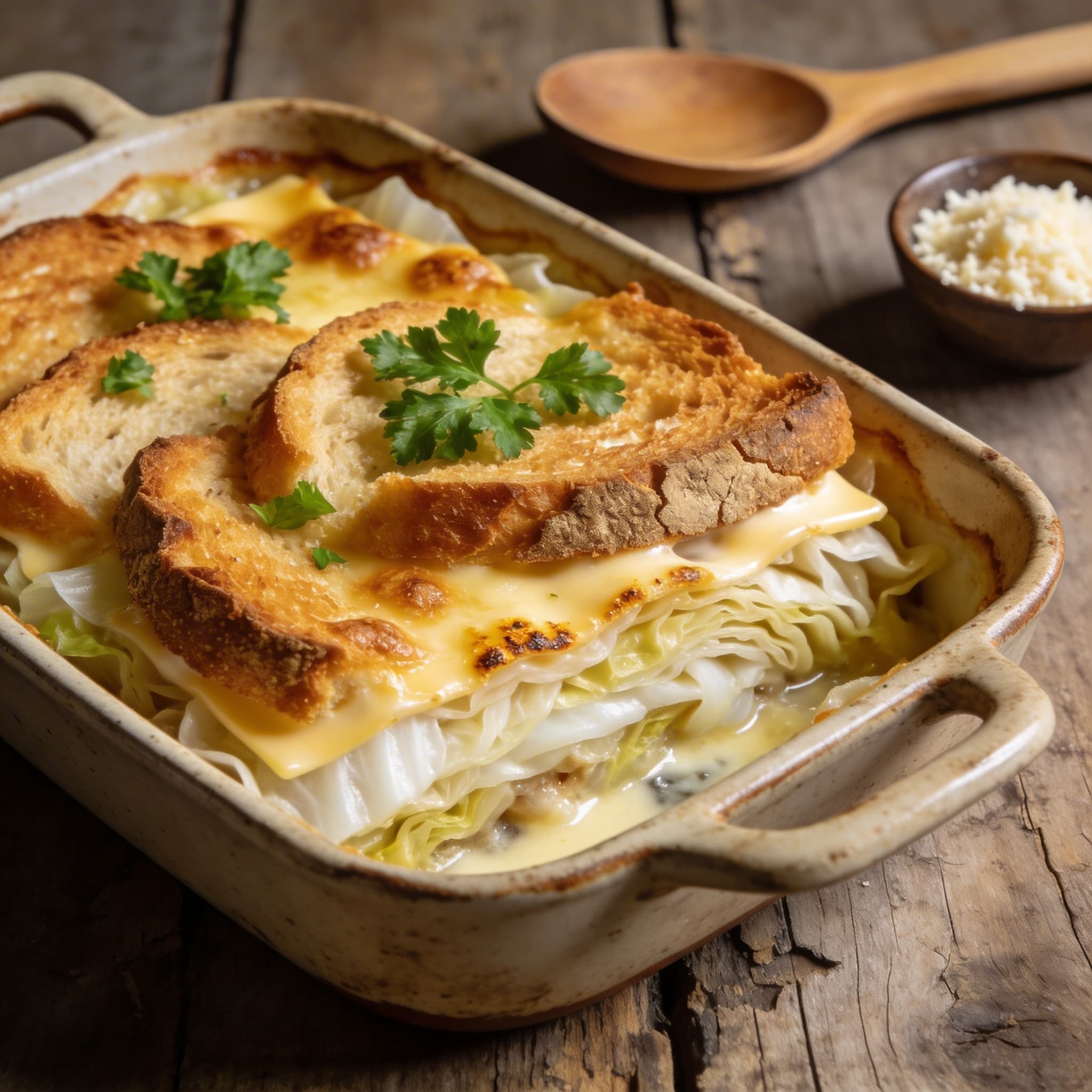 Herzhafter Weißkohl-Brotauflauf