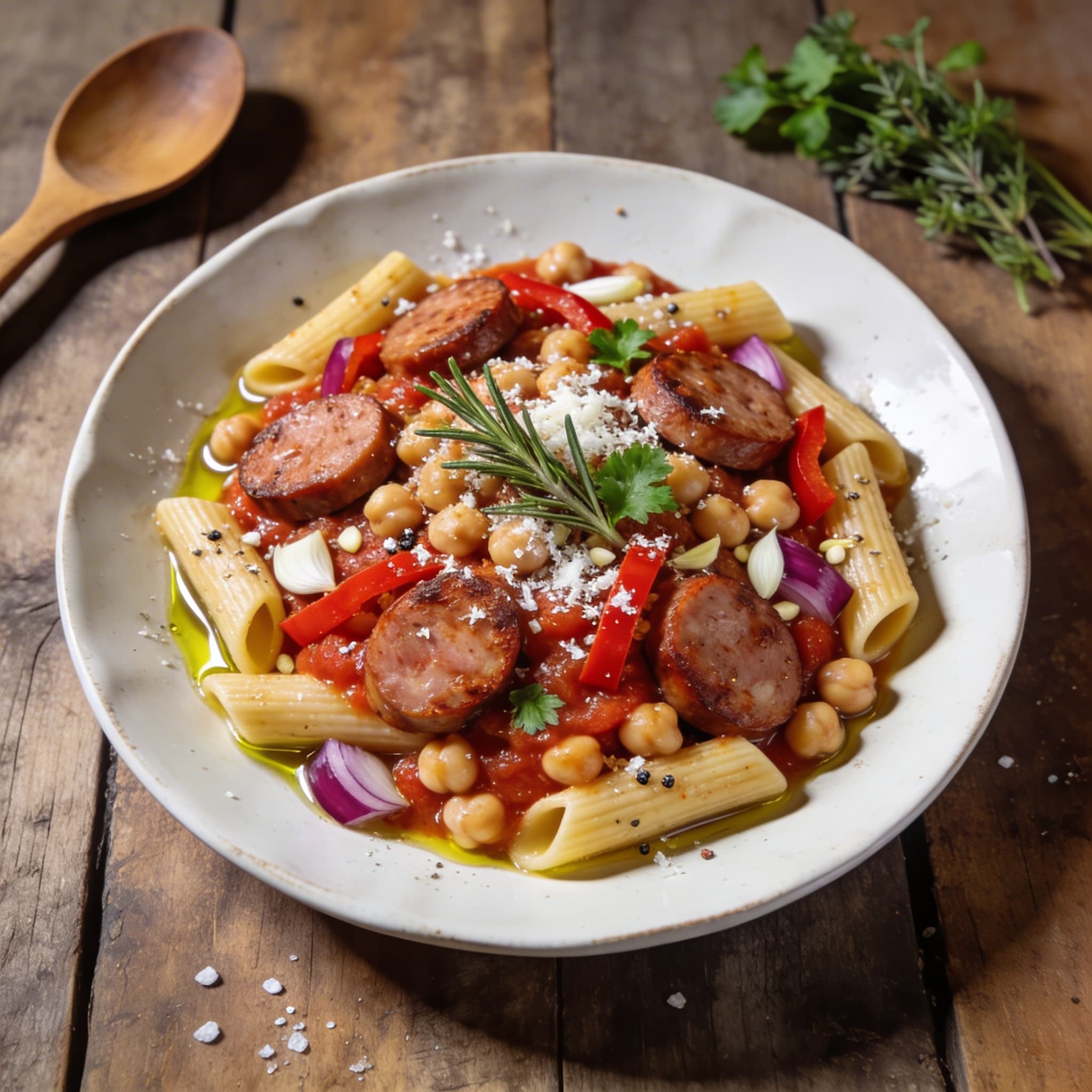 Schnelle Bratwurst-Pasta mit Kichererbsen