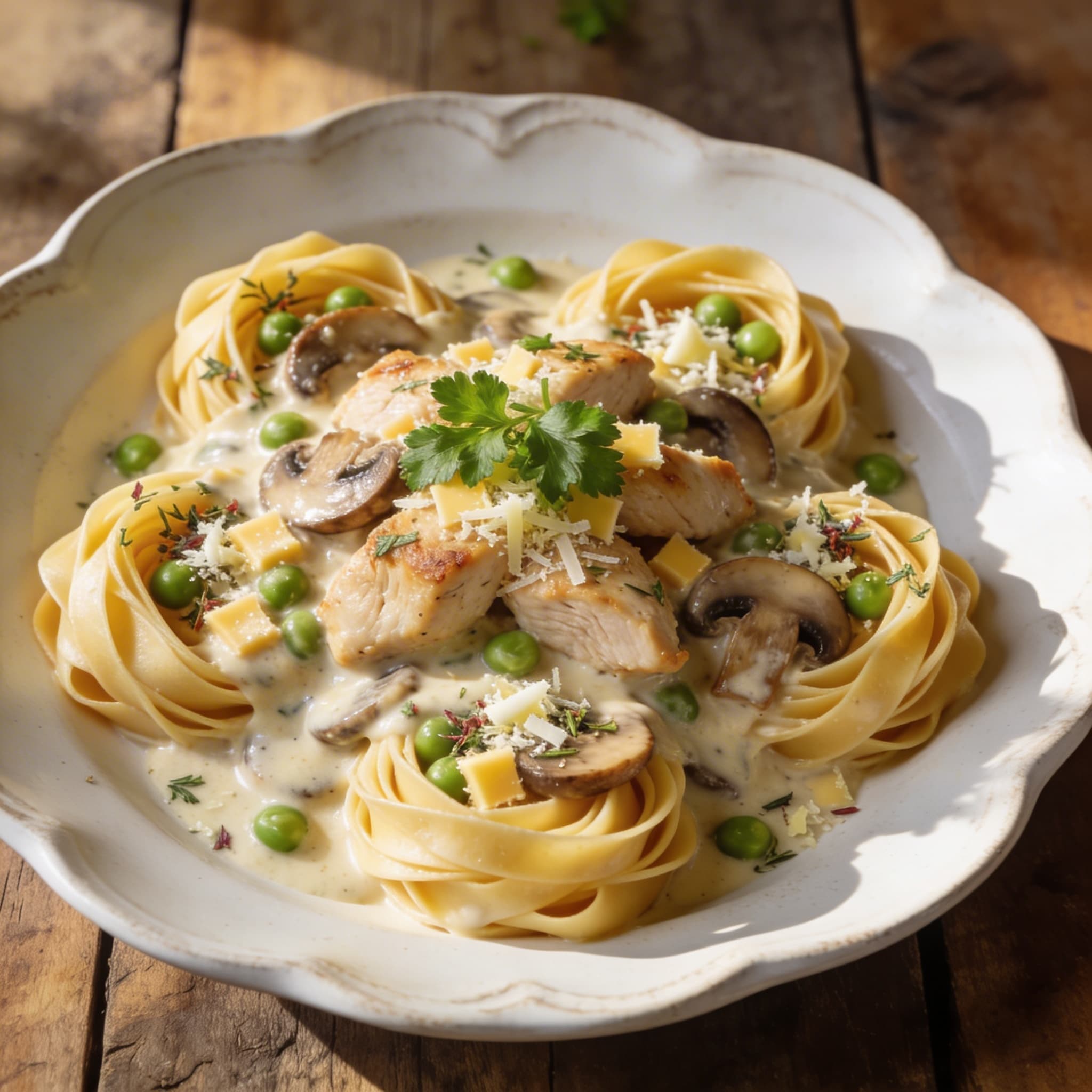 Cremiges Hähnchen-Ragout auf Nudelnestern