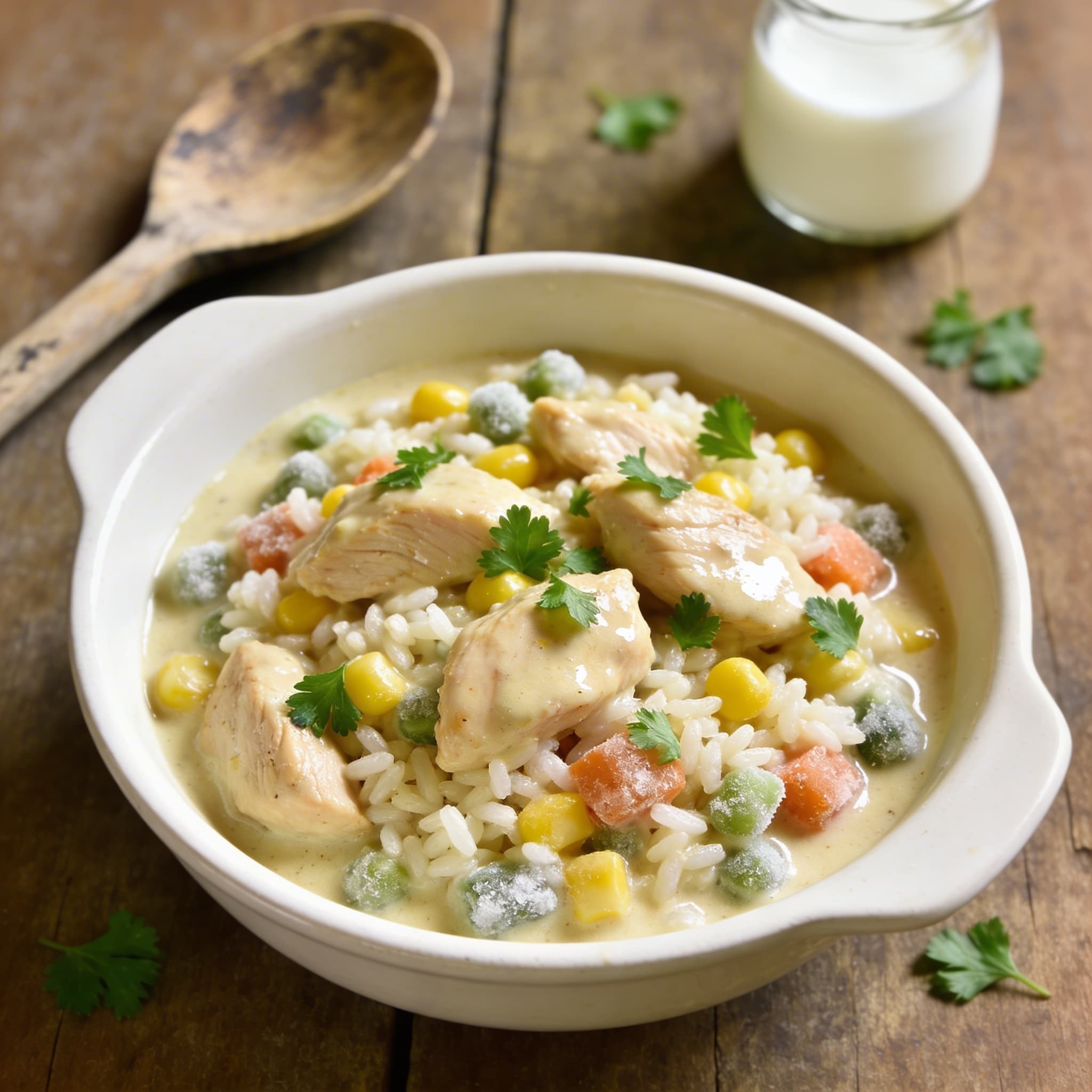 Sahniges Hühnerfrikassee mit Reis