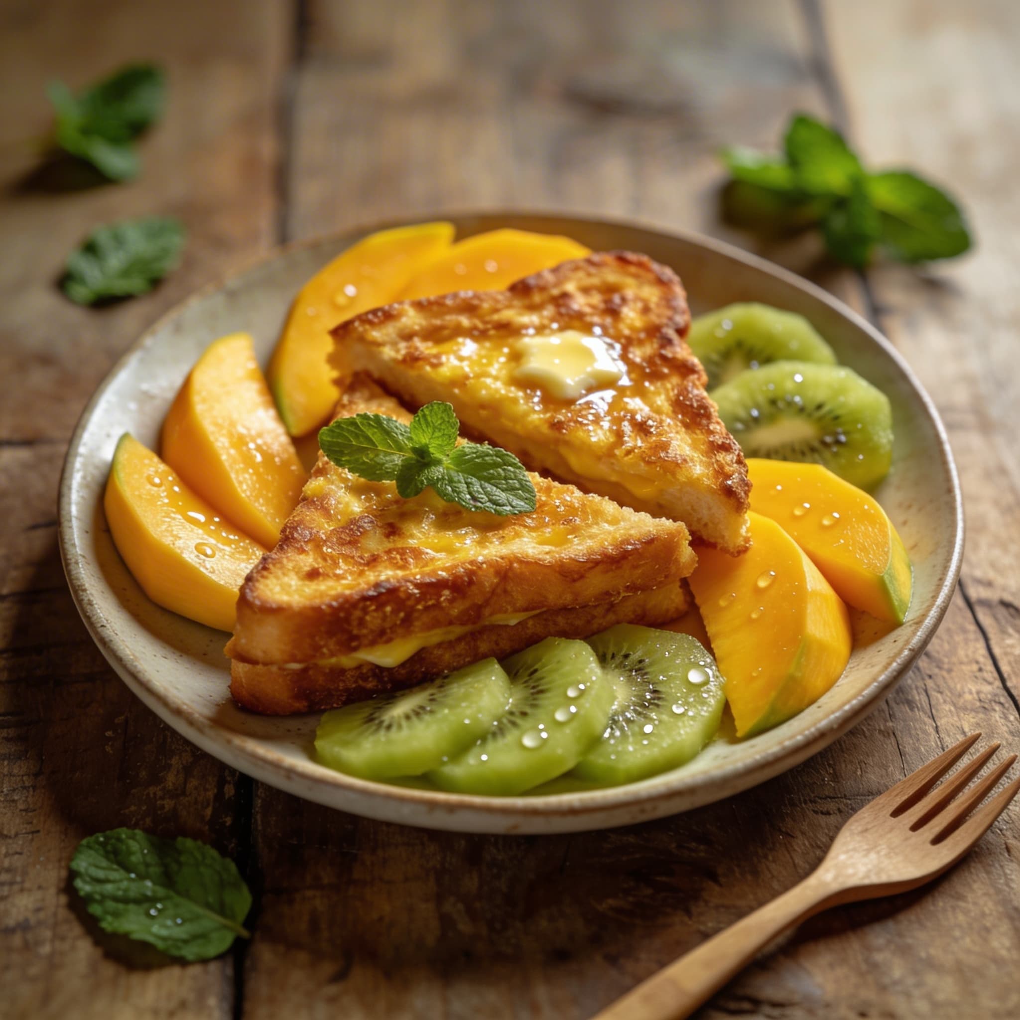 Goldgelbe Arme Ritter mit Tropenfrüchten