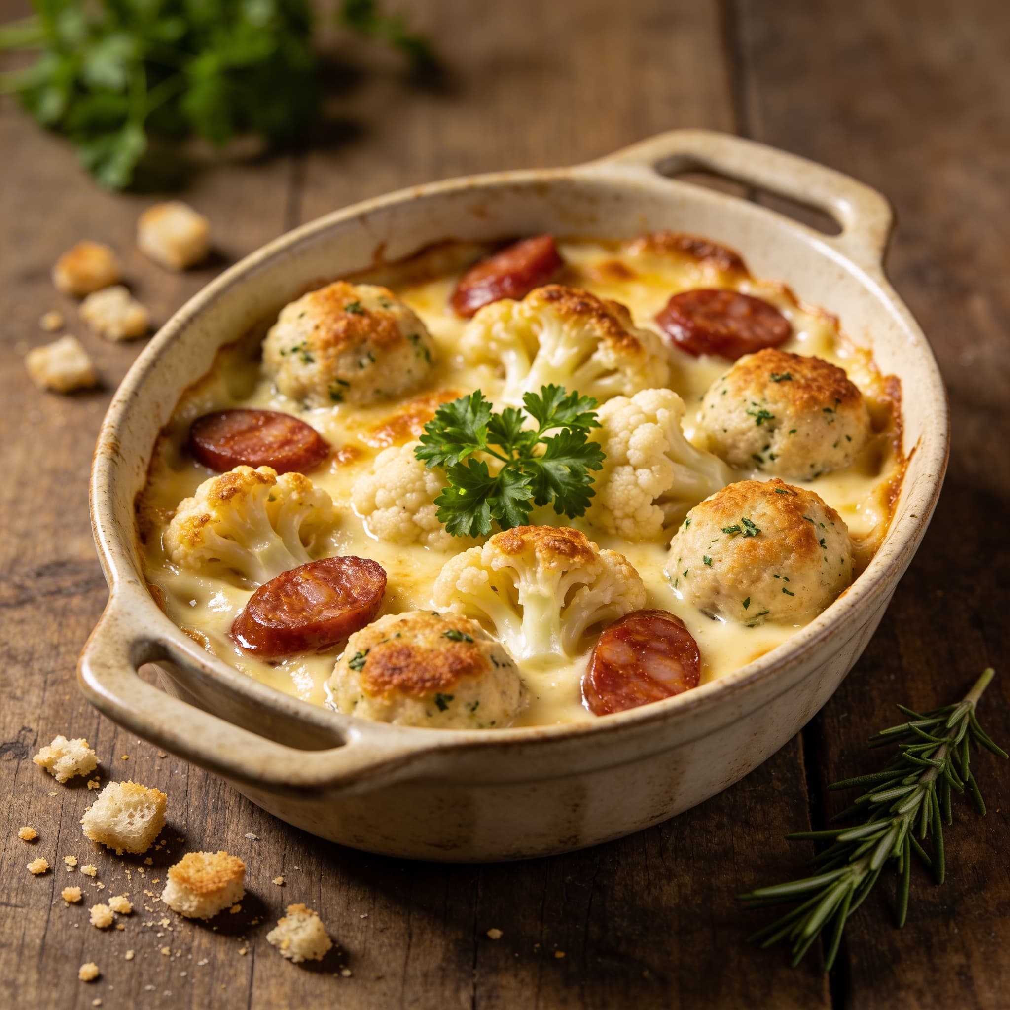 Blumenkohlauflauf mit herzhaften Knödeln