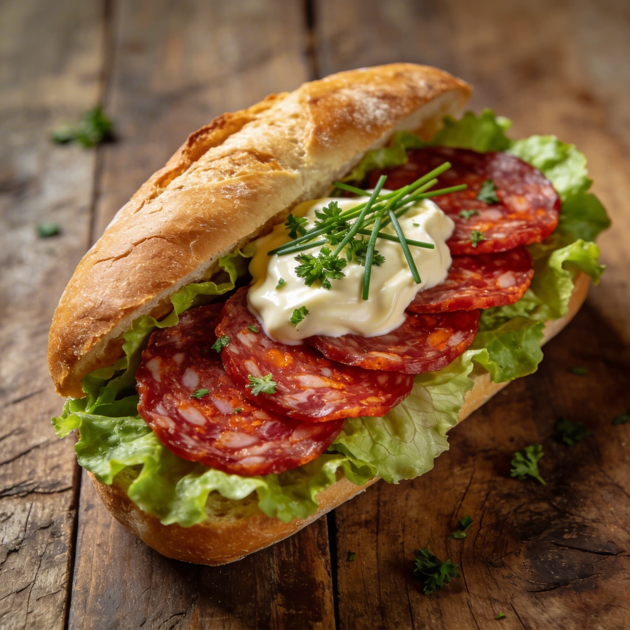 Klassisches Salamibrötchen mit Salat