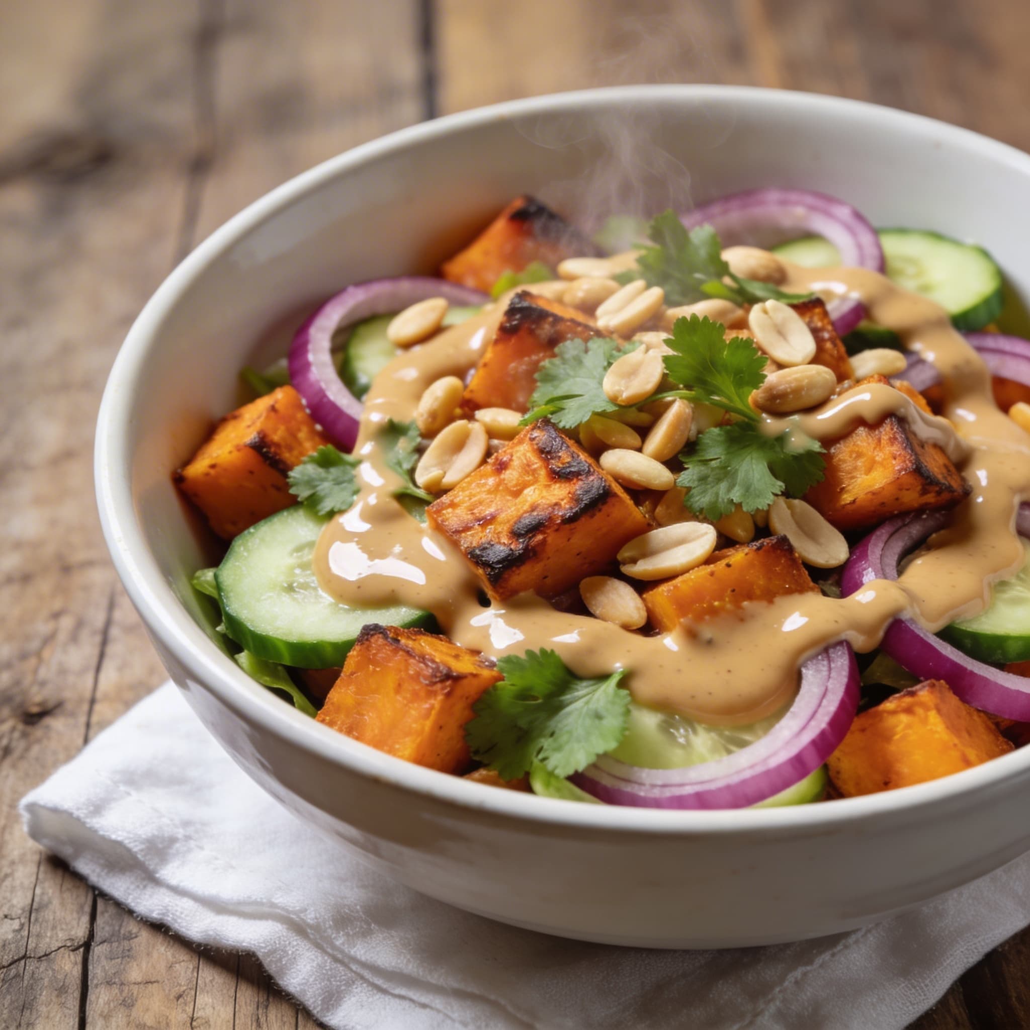 Süßkartoffel-Salat mit Erdnuss-Dressing