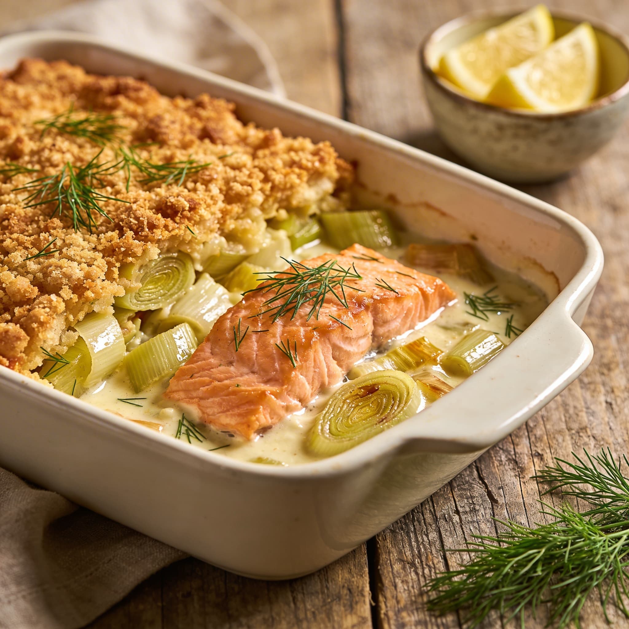 Herzhafter Porree-Lachs-Auflauf