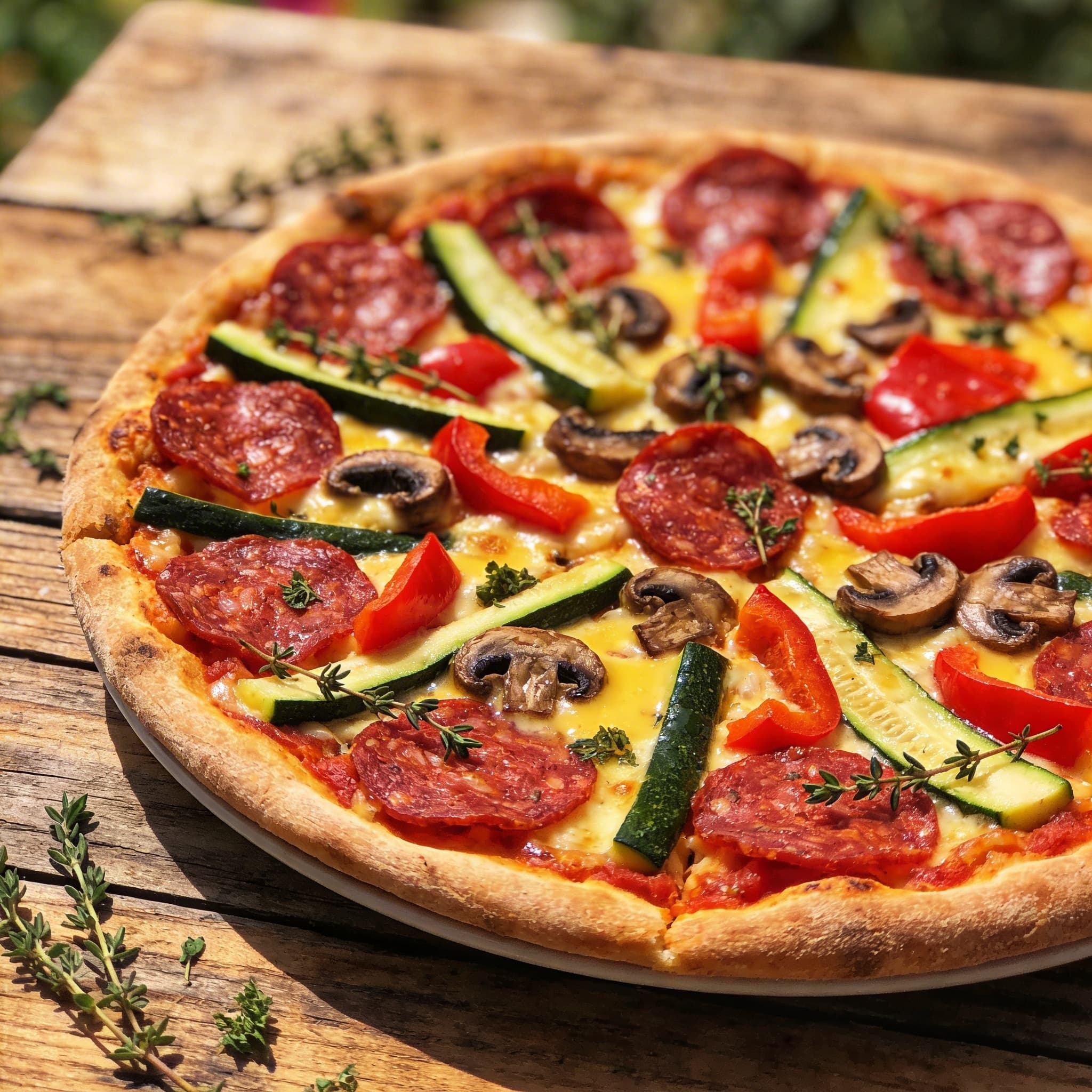 Hausgemachte bunte Salami-Pizza