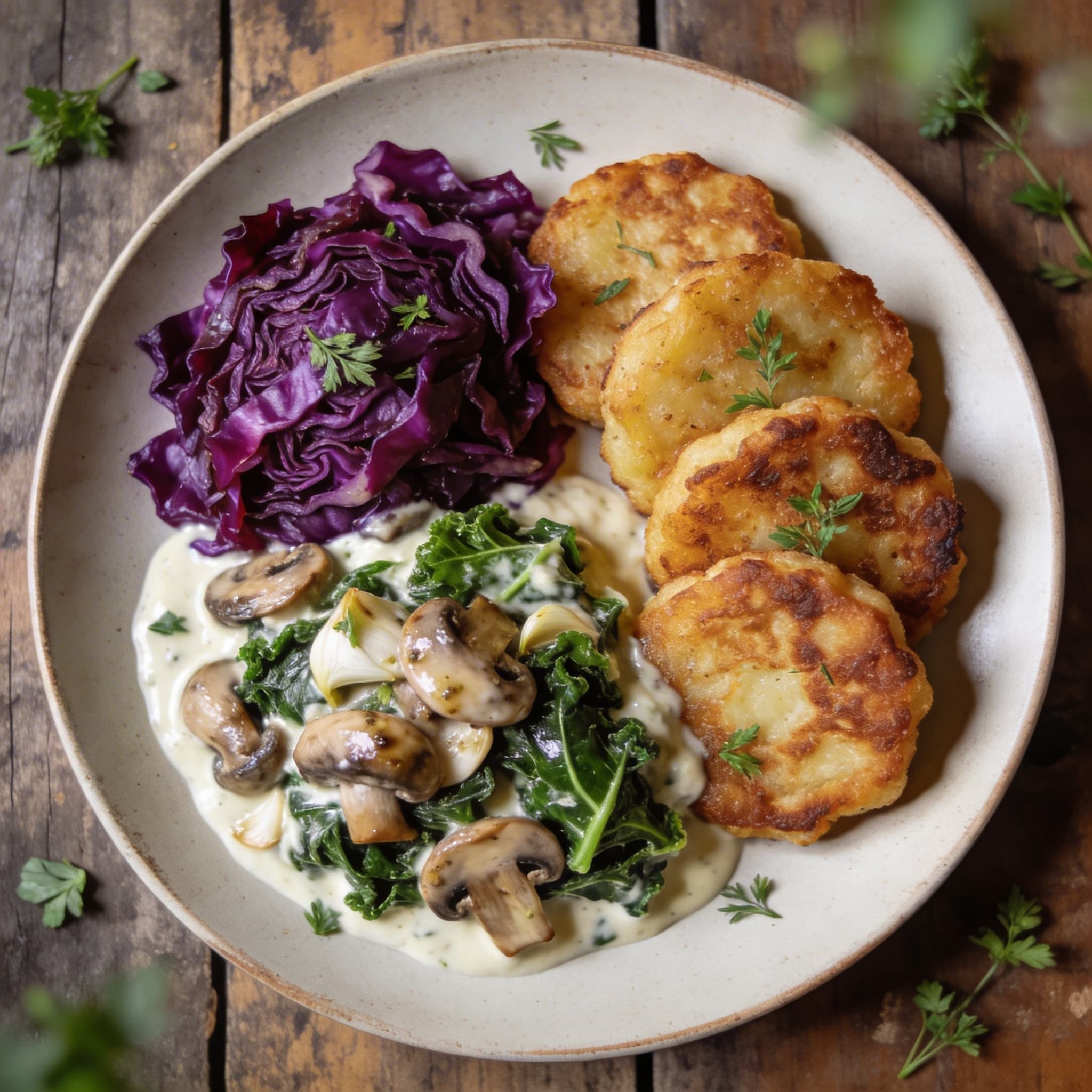 Winterliche Rotkohl-Puffer mit Pilzen