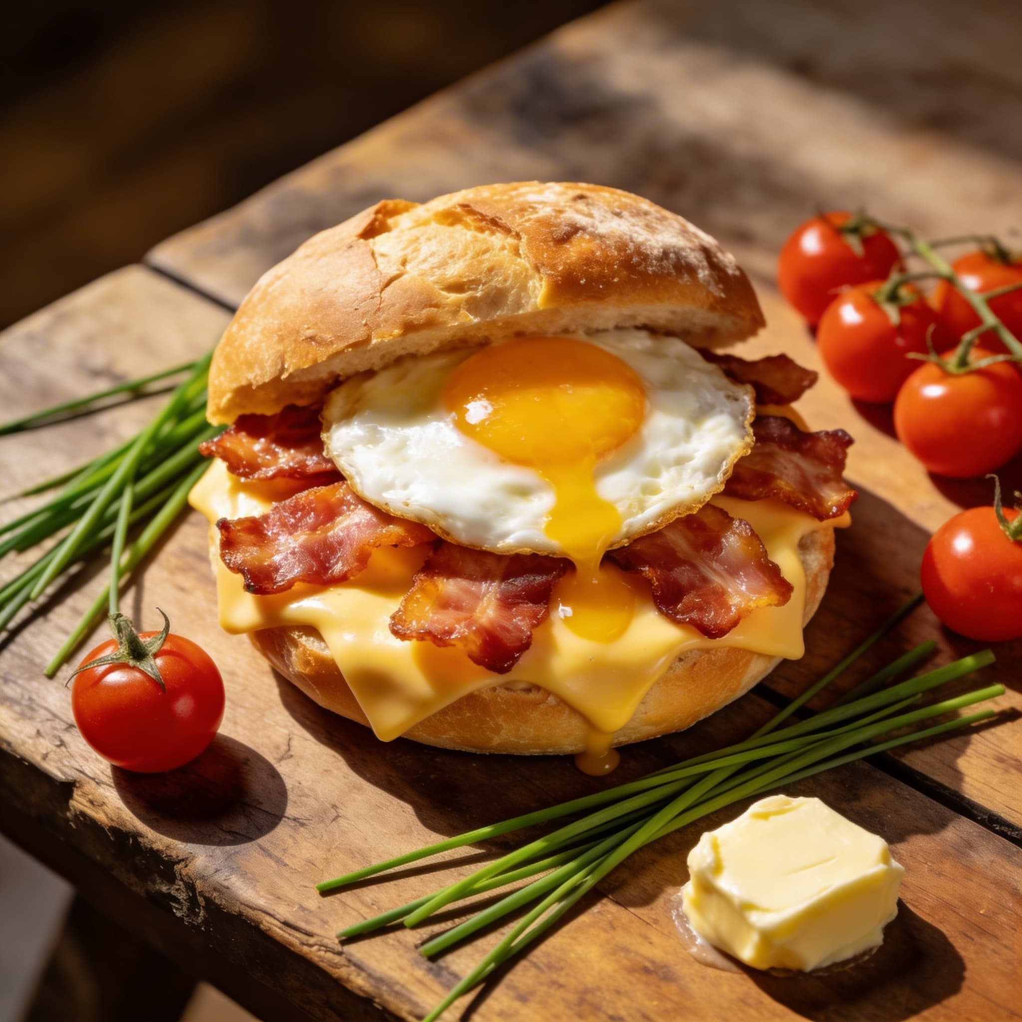 Herzhaftes Frühstücksbrötchen mit Speck