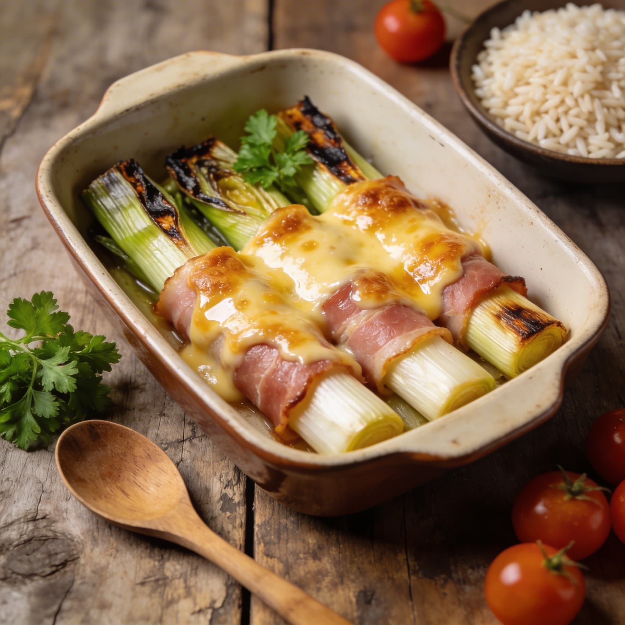 Überbackener Lauch im Schinkenmantel